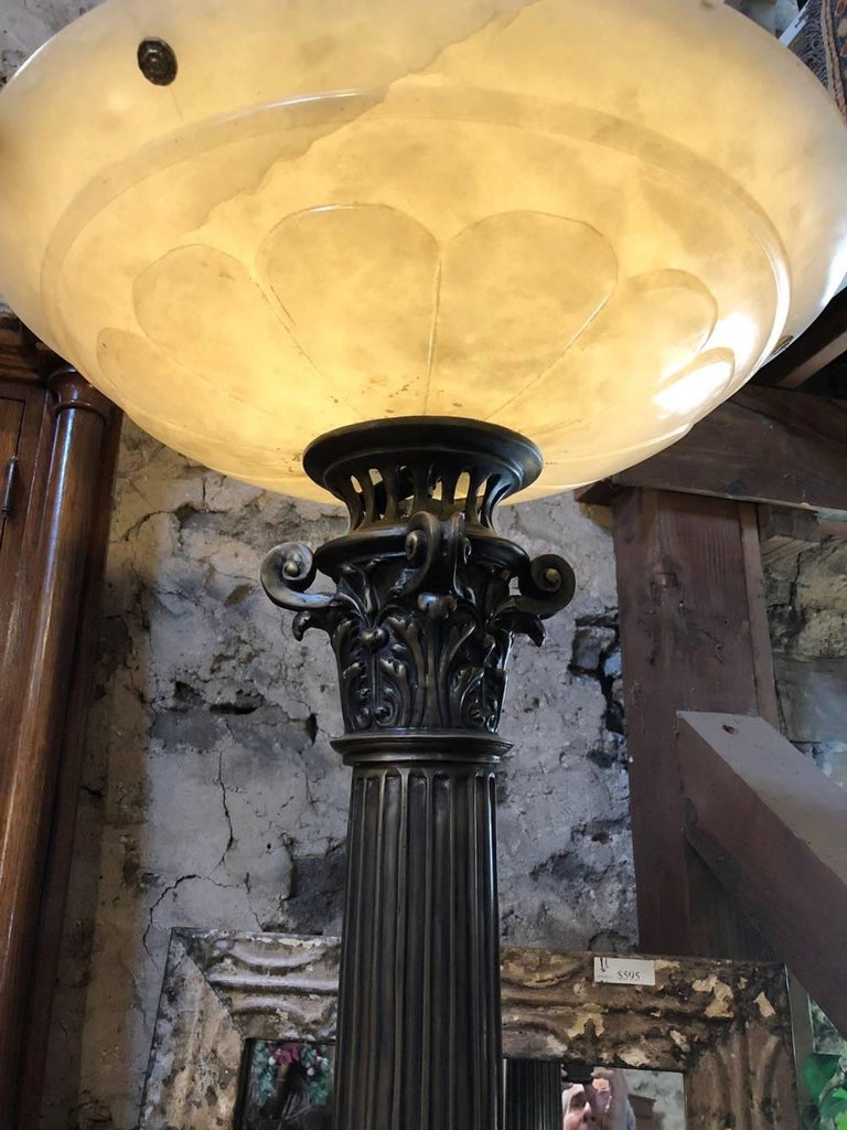 Magnificent Pair of Ornate Bronze Torchieres Floor Lamps with Alabaster