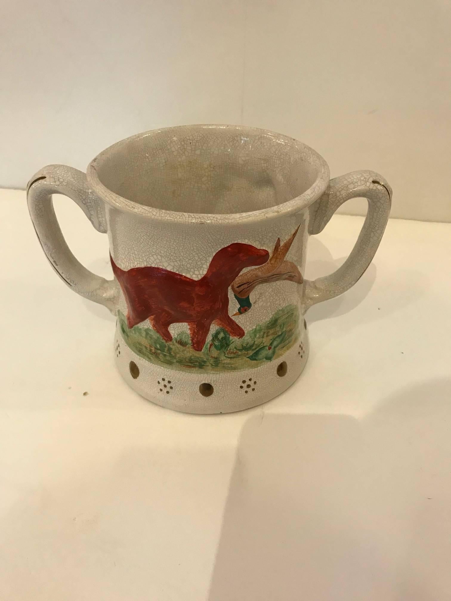 Darling antique Staffordshire mug hand-painted with animals on the outside with a fun whimsical frog on the inside.