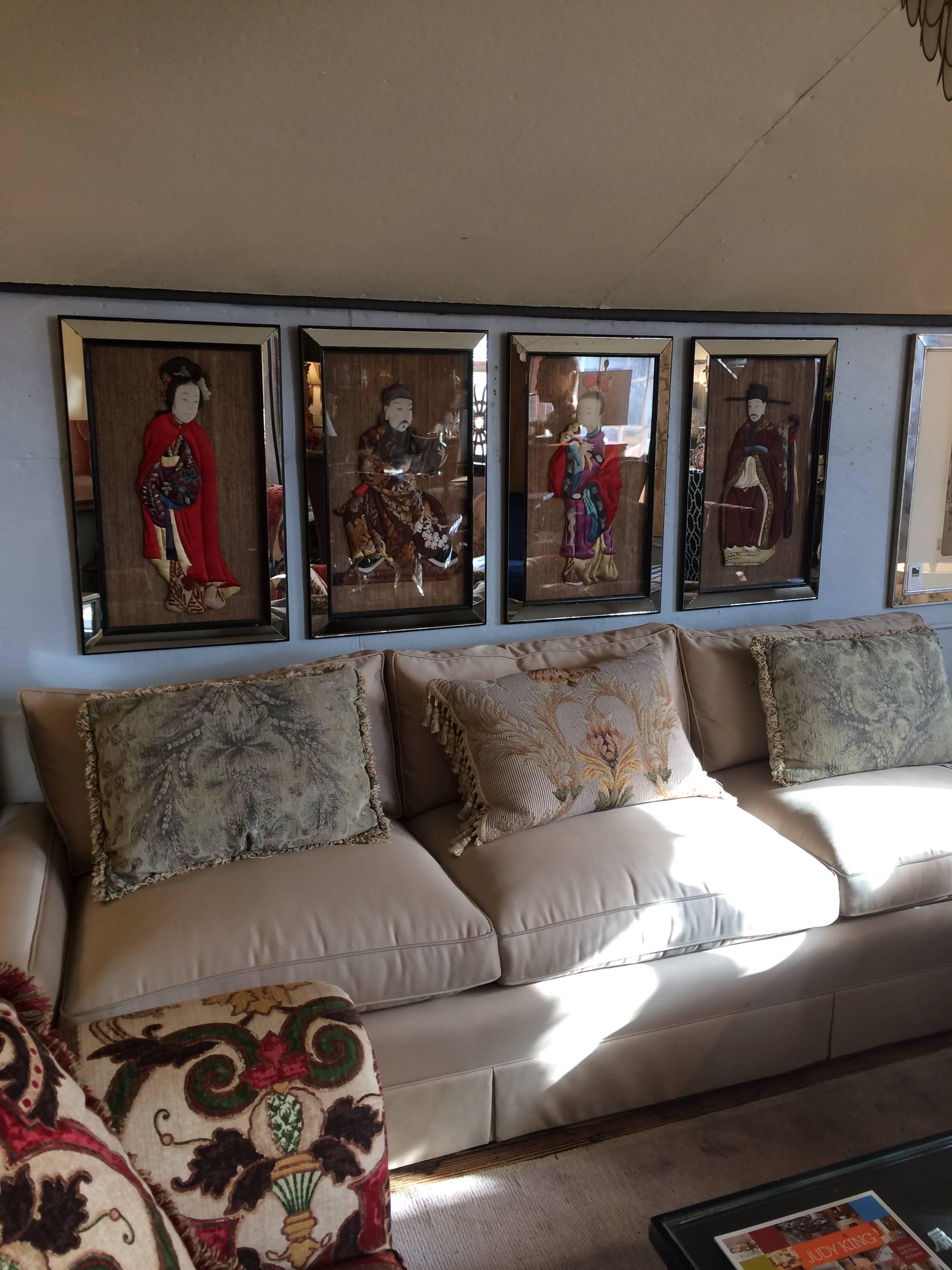 Chinoiserie Set of Four Spectacular Quilted Asian Ancestors in Glitzy Mirrored Frames