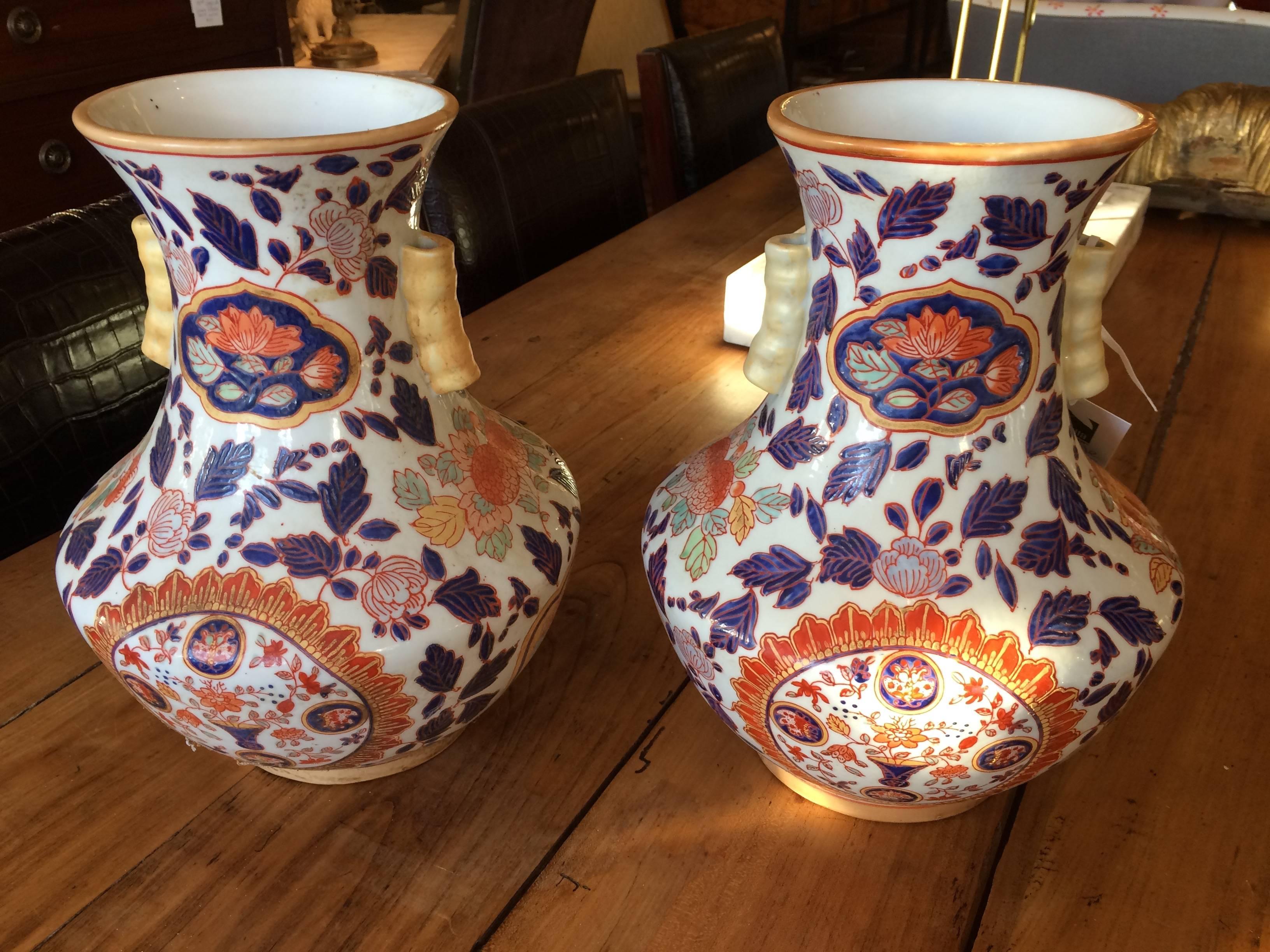 Mid-20th Century Gorgeous Pair of Imari Style Painted Vases