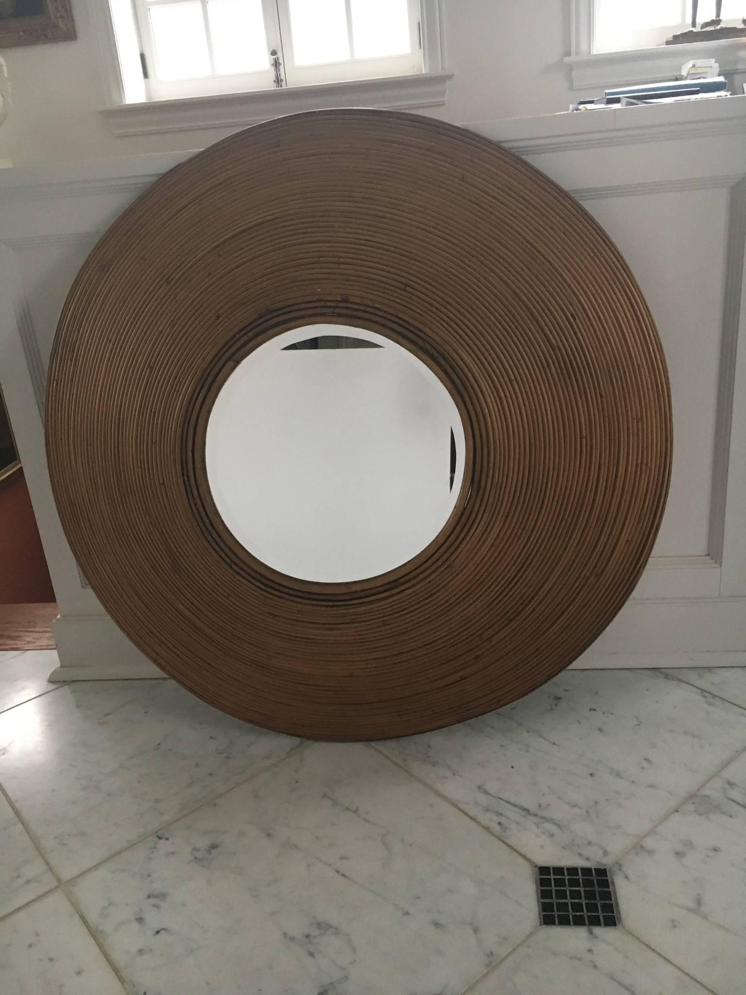 Strikingly Large Impressive Circular Rattan Mirror In Excellent Condition In Hopewell, NJ