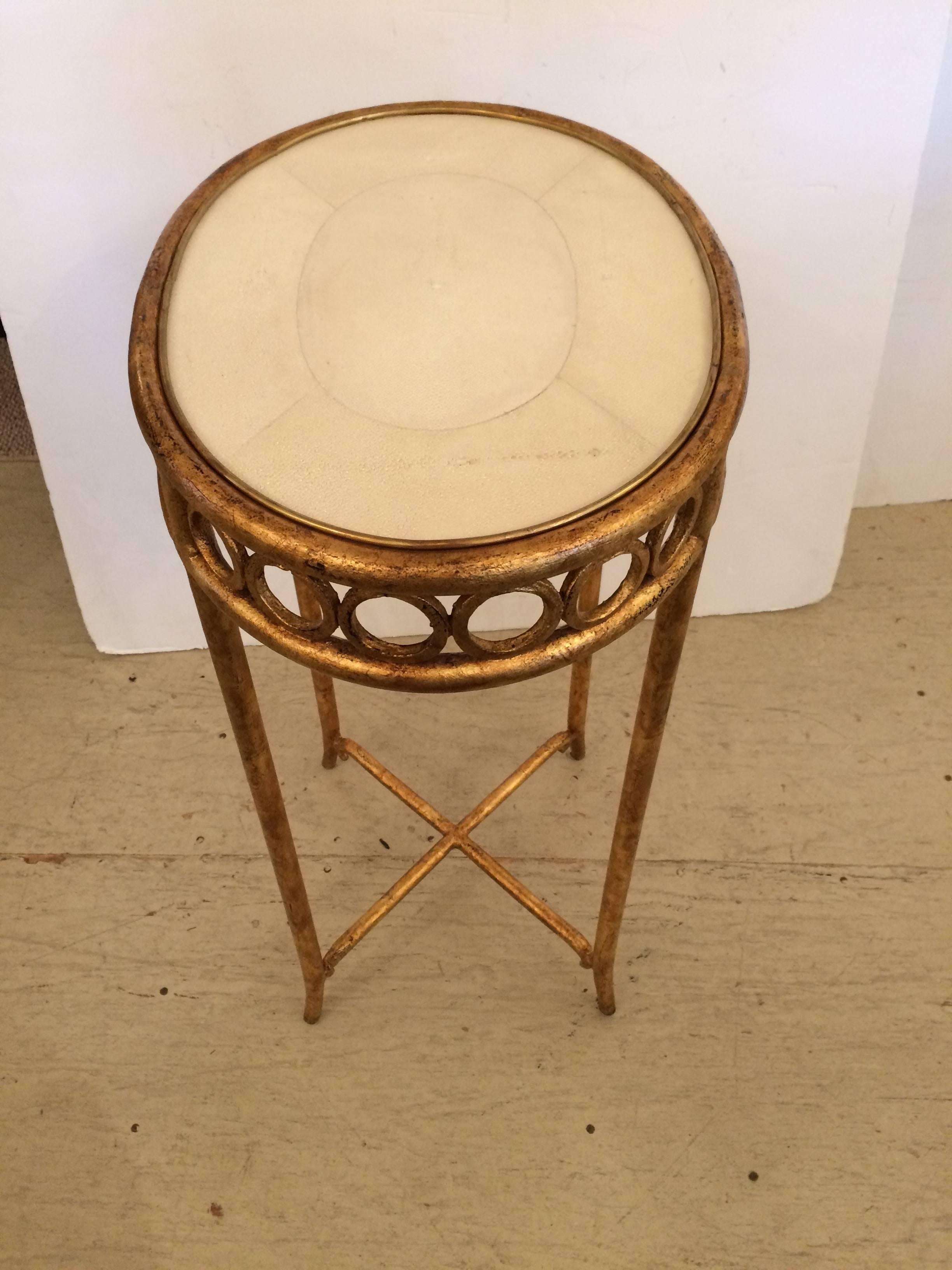 Very Chic Italian Gilded Iron and Faux Shagreen Side or End Occasional Table In Excellent Condition In Hopewell, NJ