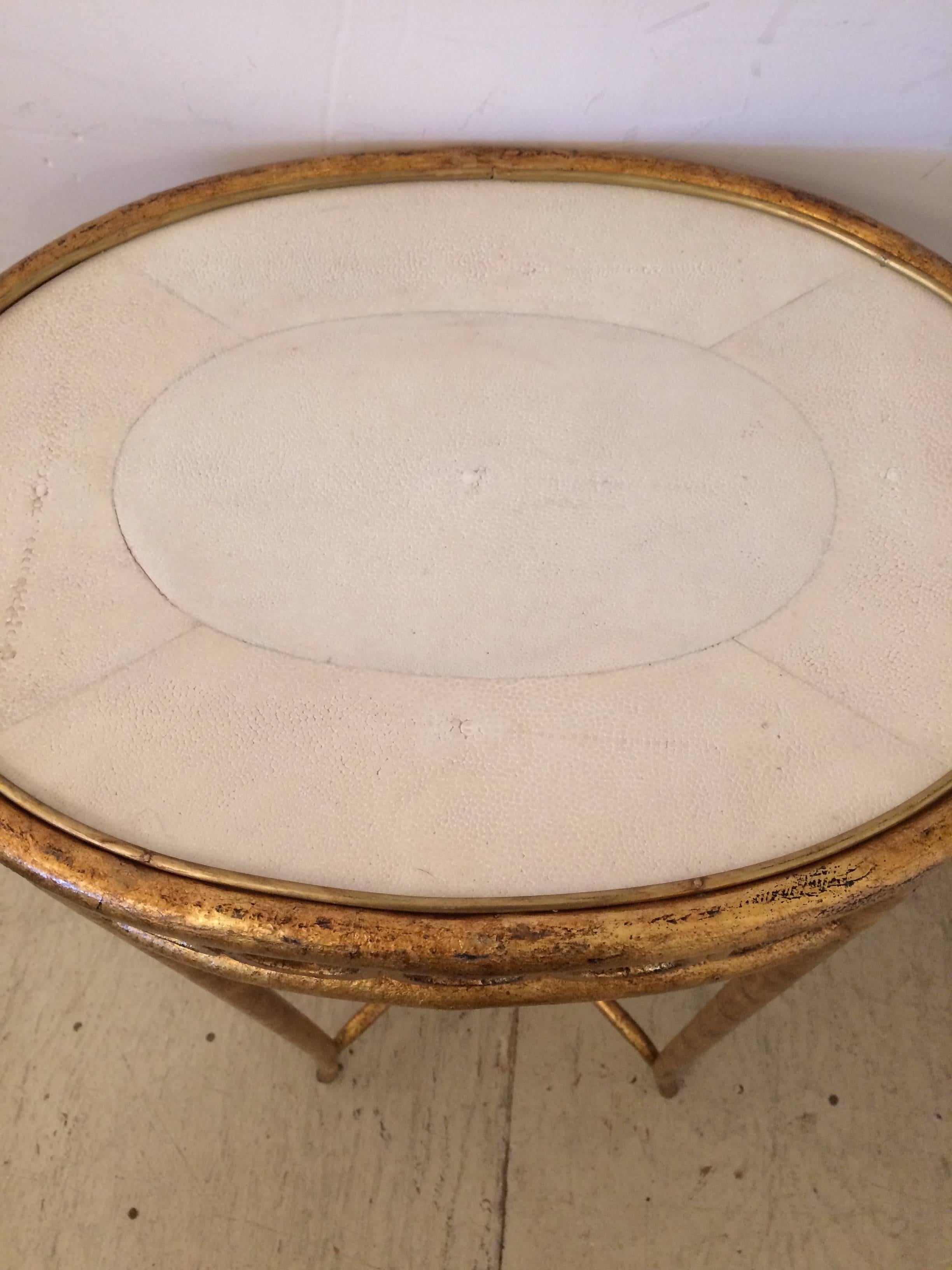 American Very Chic Italian Gilded Iron and Faux Shagreen Side or End Occasional Table