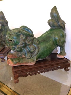 Monumental in Scale Fabulous Green Terracotta Foo Dogs on Stands