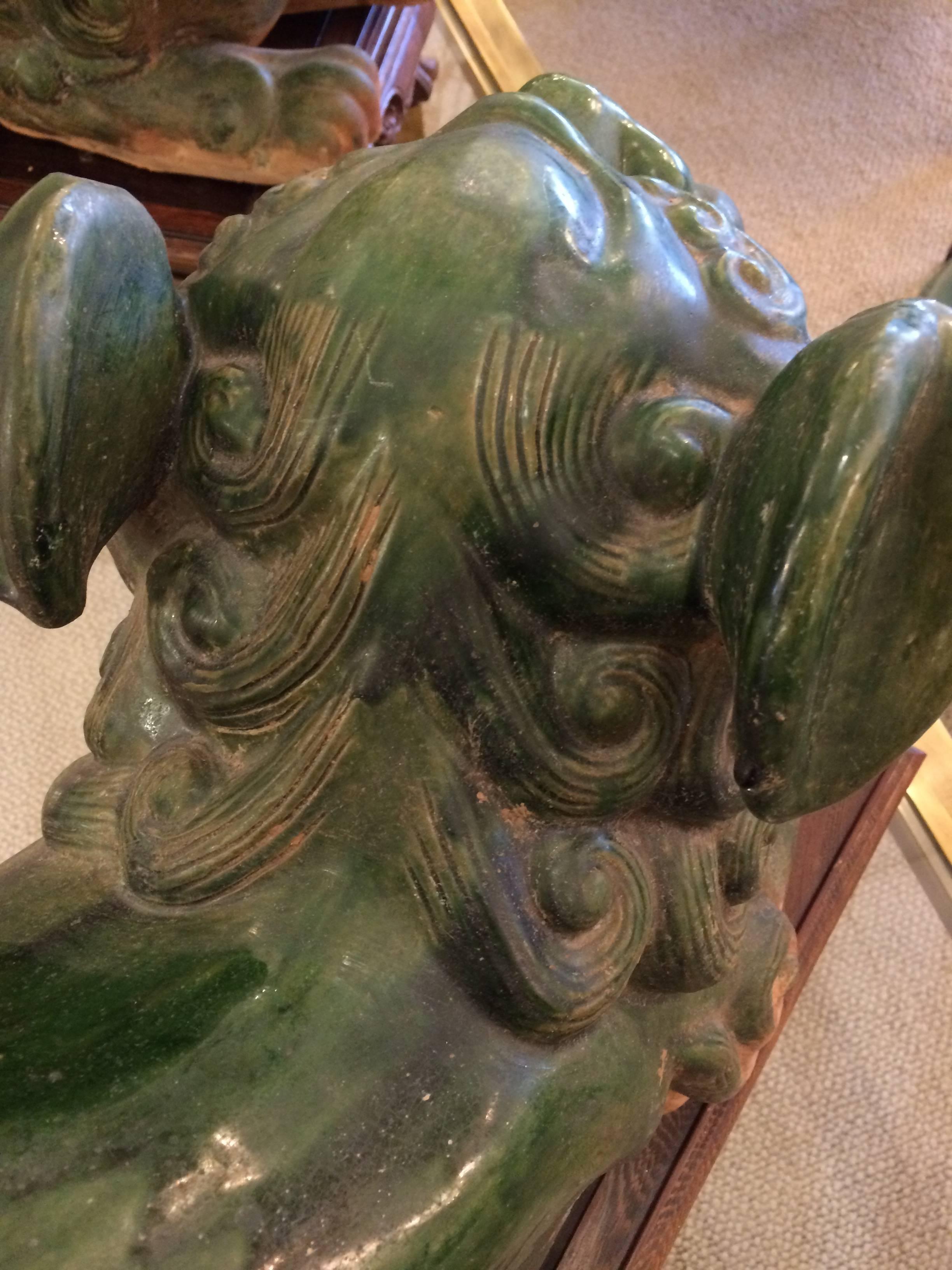Monumental in Scale Fabulous Green Terracotta Foo Dogs on Stands 1