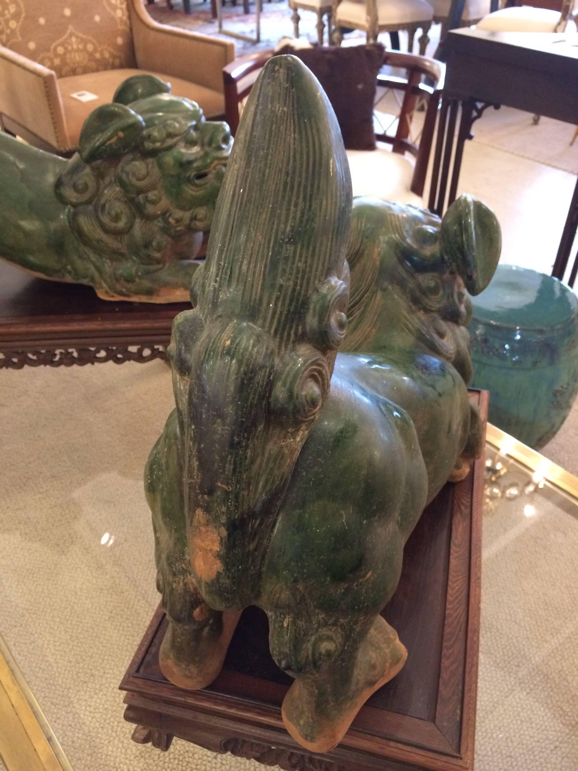 Monumental in Scale Fabulous Green Terracotta Foo Dogs on Stands 2