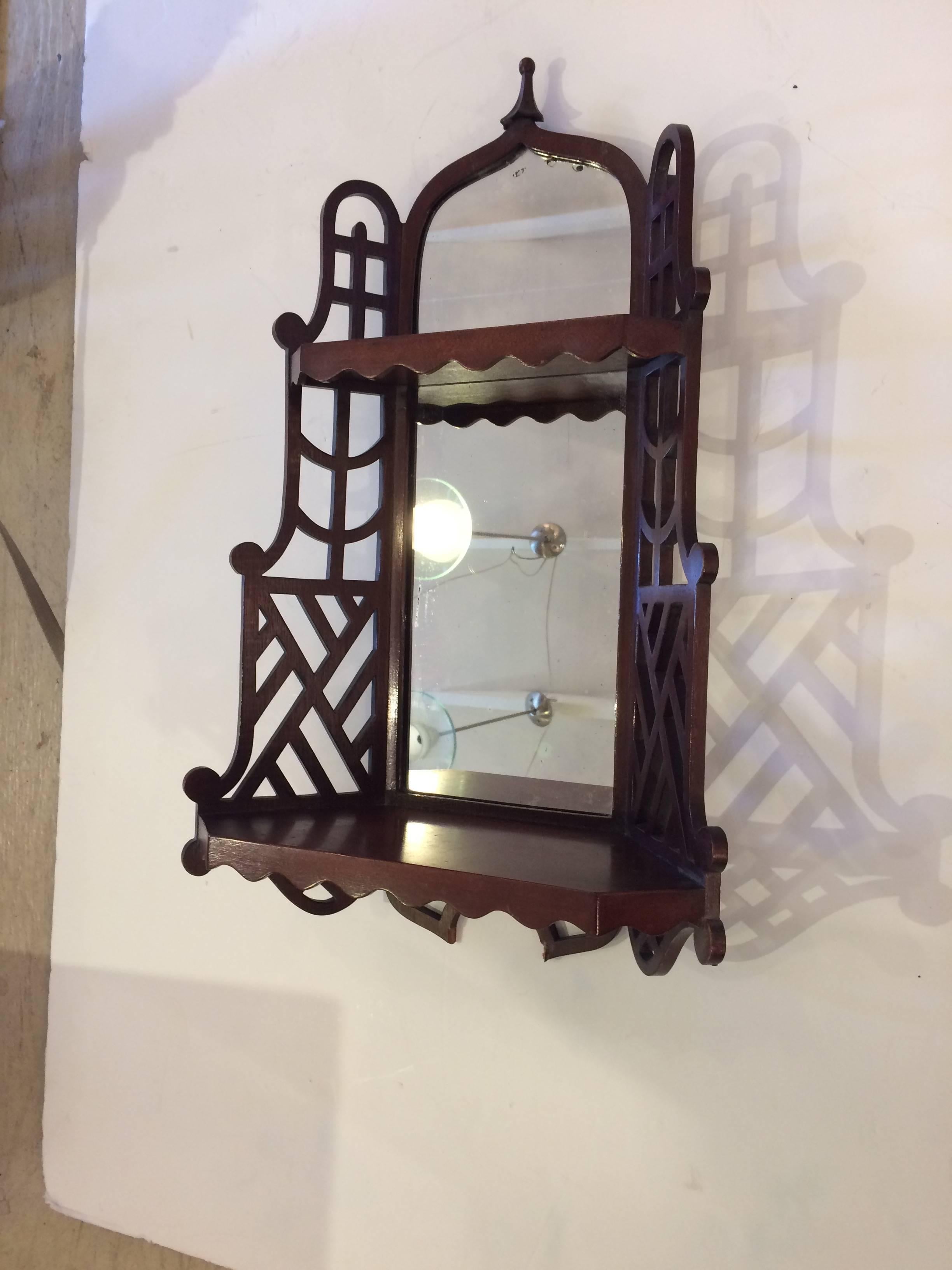 Pretty Mahogany & Aged Mirror Wall Shelf Bracket In Excellent Condition In Hopewell, NJ