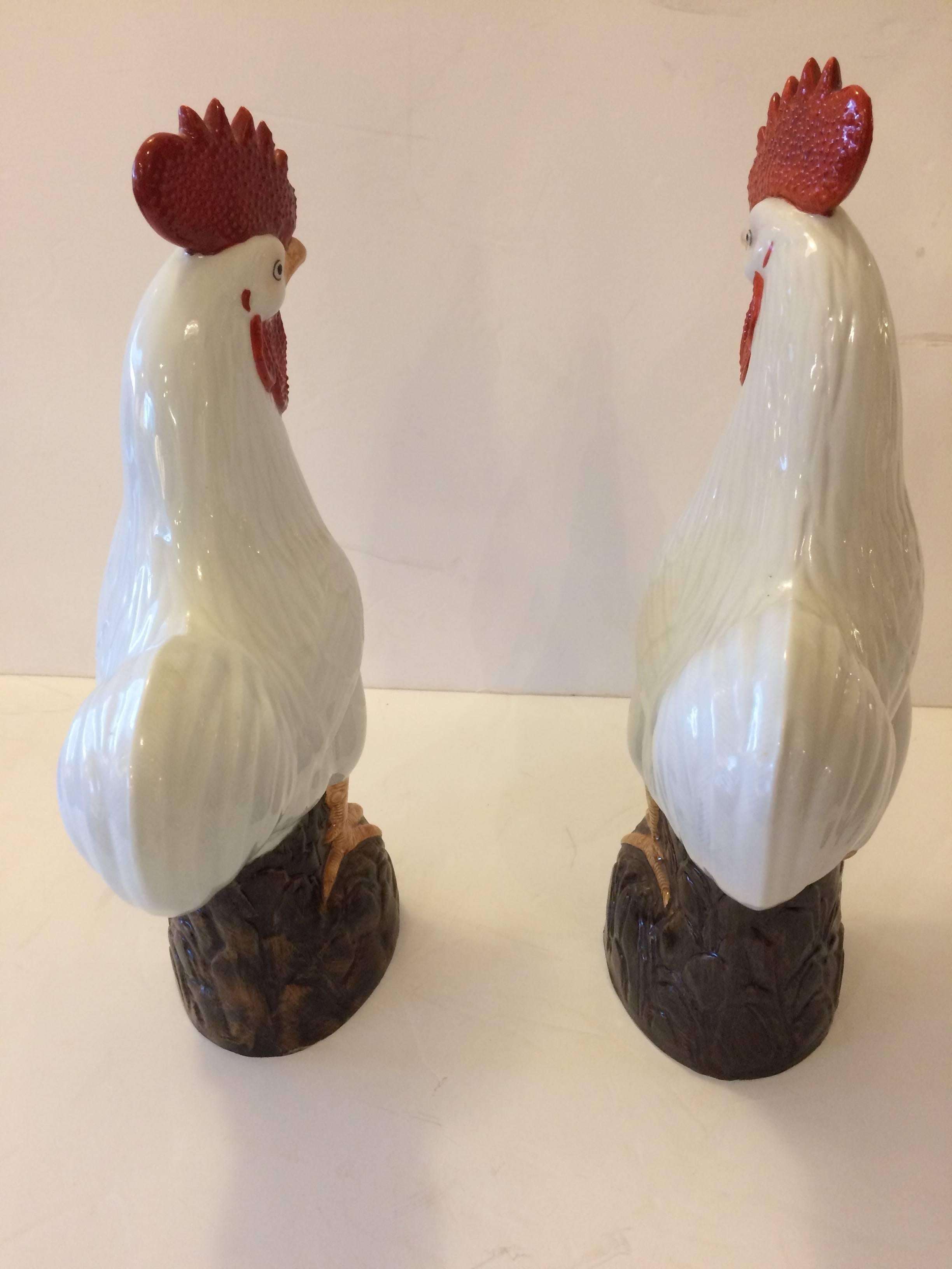 Charming Pair of Chinese Export Porcelain Rooster Sculptures 2