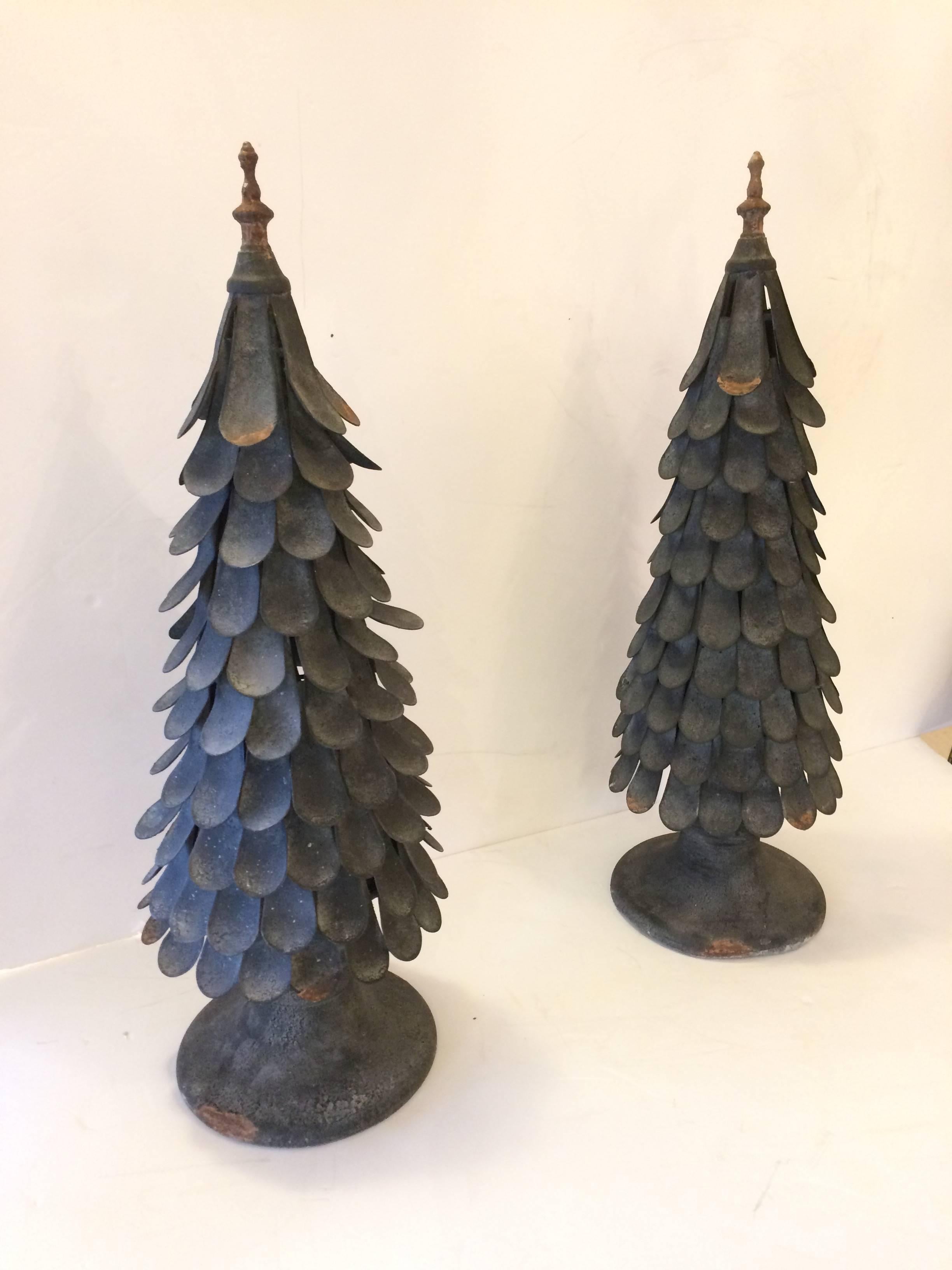 Mid-20th Century Striking Pair of Hand Forged Iron and Zinc Tree Sculptures
