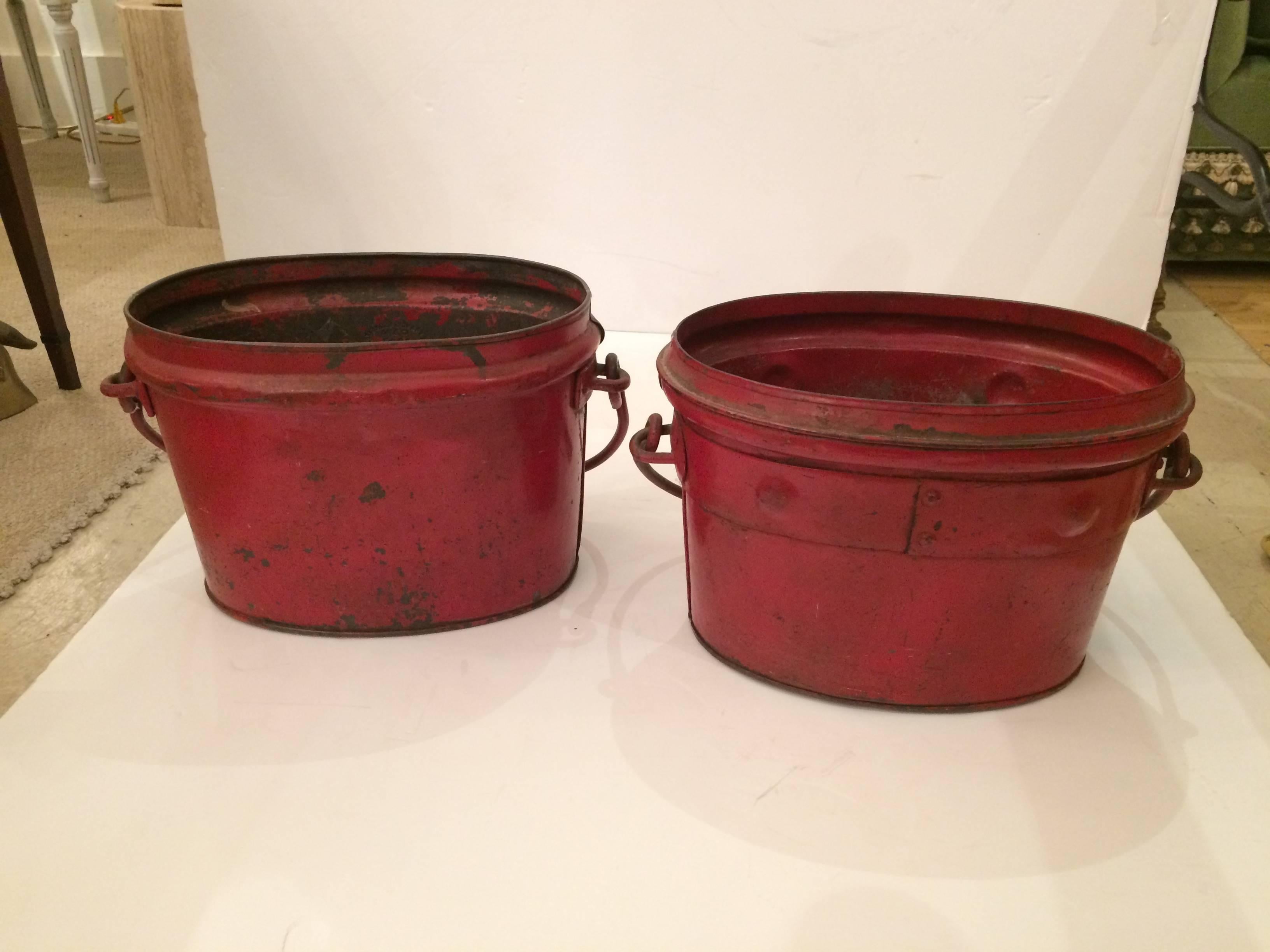 English Show Stopping Fire Engine Red Antique Zinc Buckets