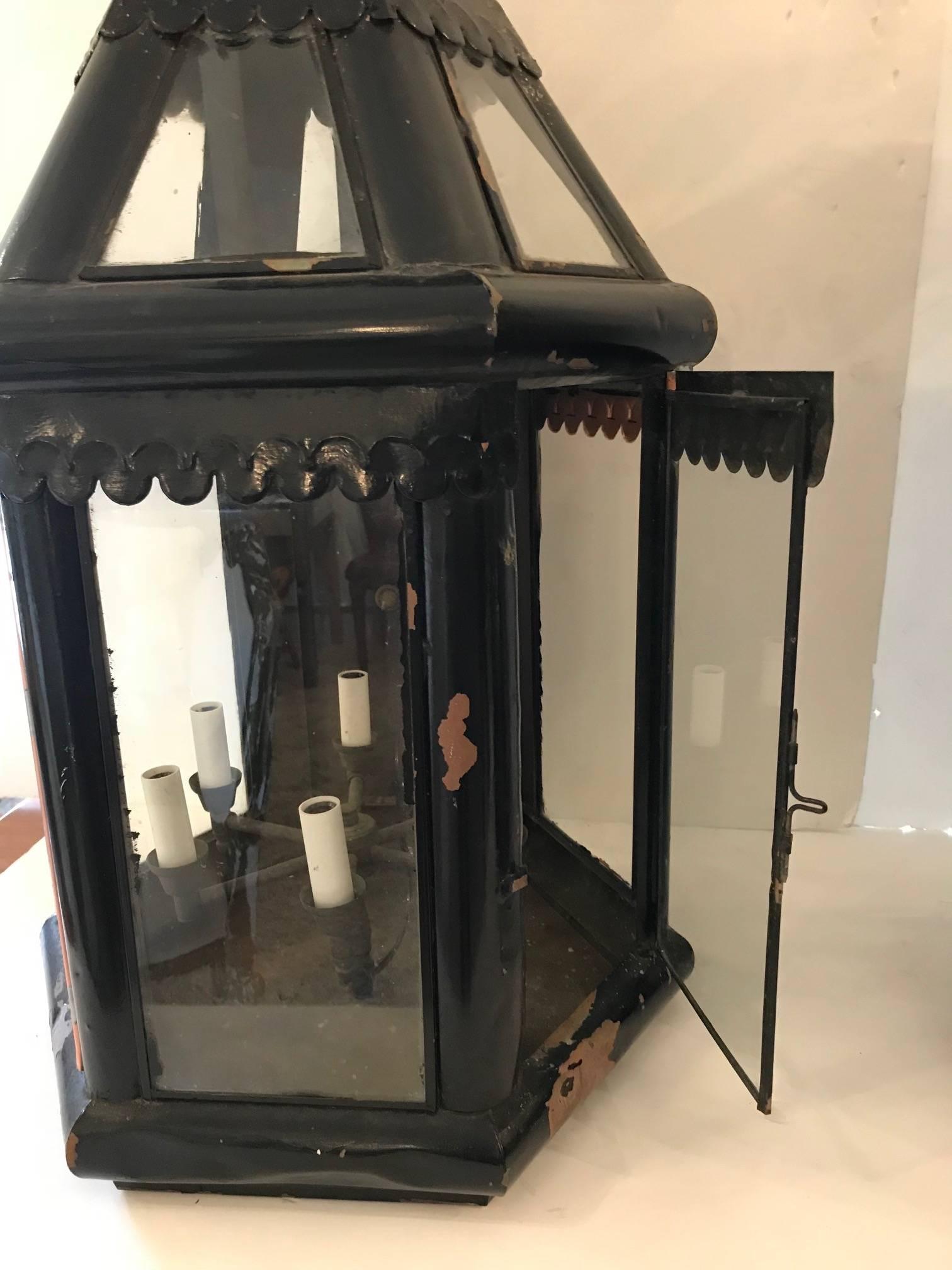 English Monumentally Large Pair of Antique Copper Painted Lanterns