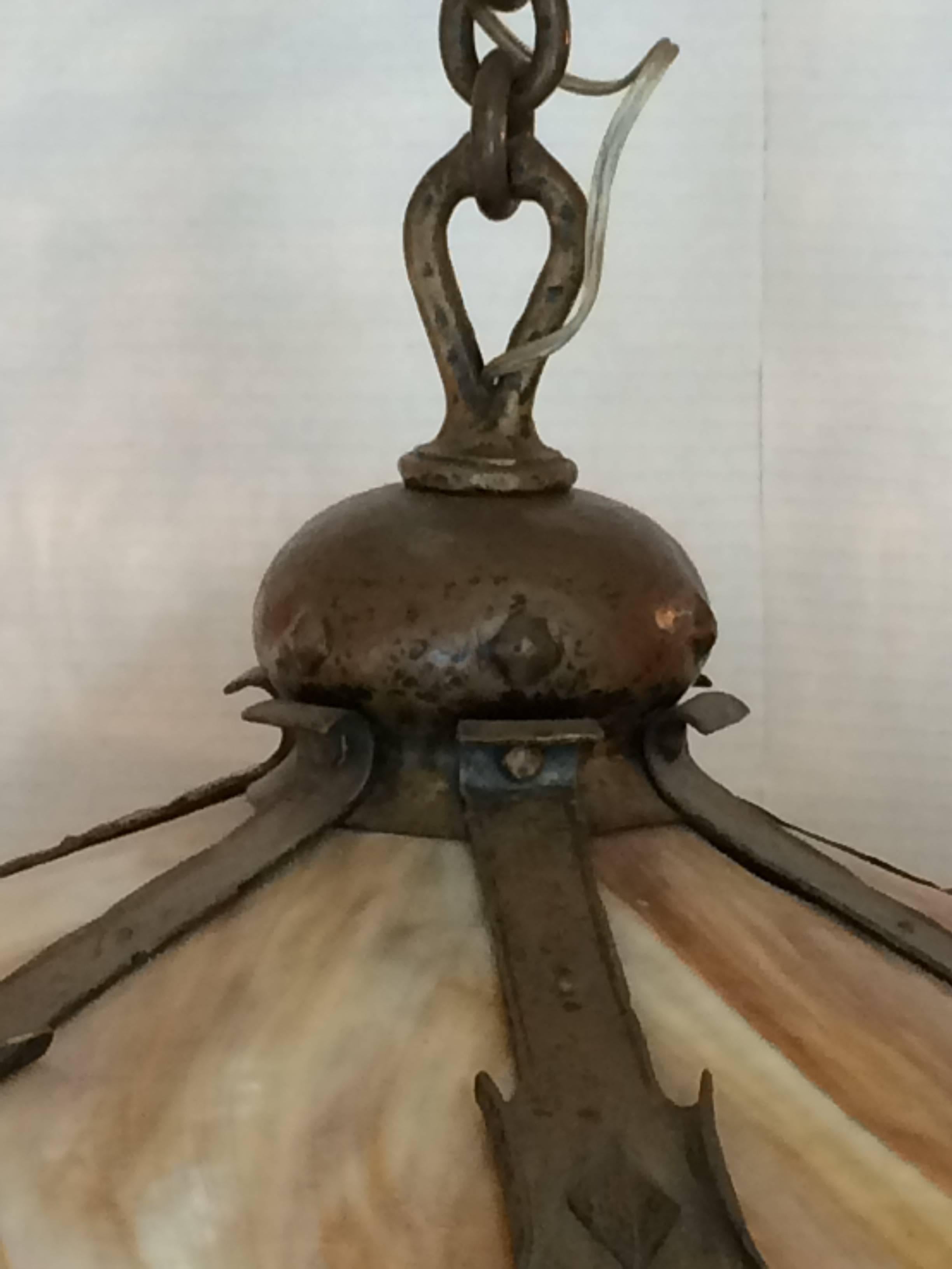 Metal Impressive Arts & Crafts Honeybee Art Glass and Bronze Light Fixture Chandelier