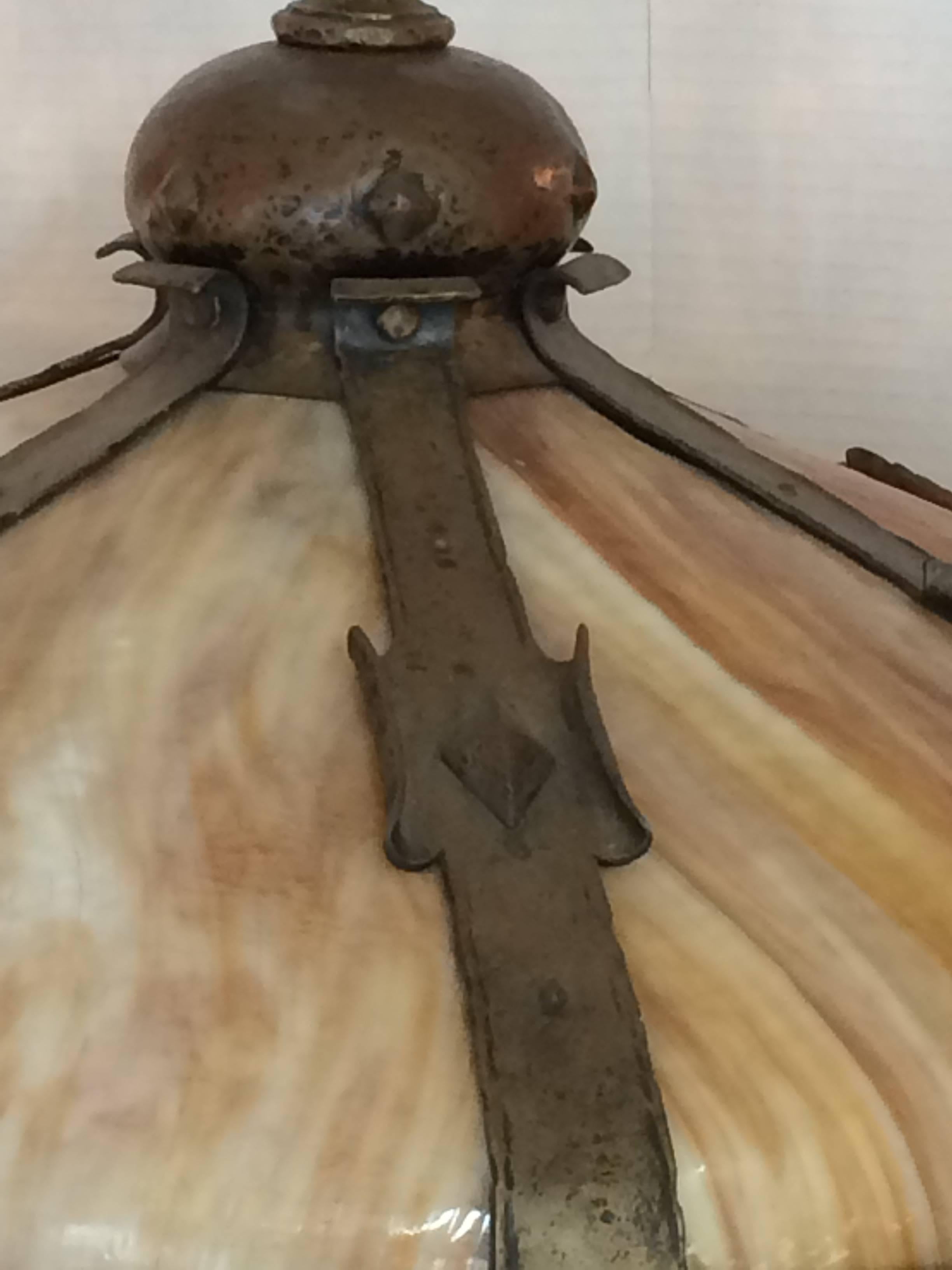 Impressive Arts & Crafts Honeybee Art Glass and Bronze Light Fixture Chandelier 1