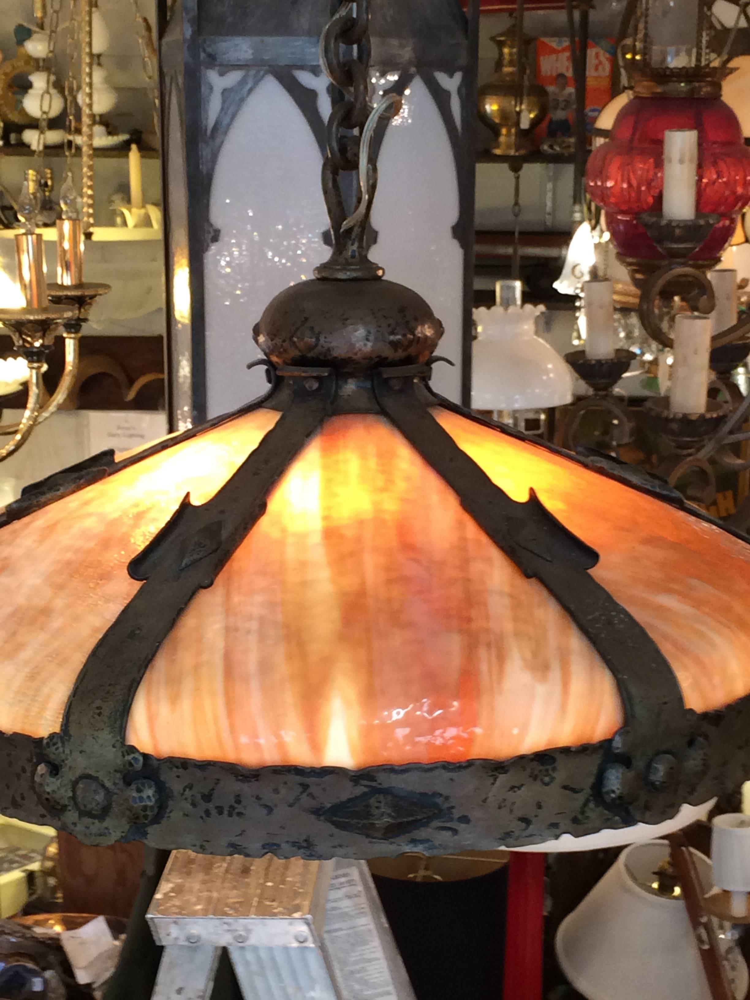 Arts and Crafts Impressive Arts & Crafts Honeybee Art Glass and Bronze Light Fixture Chandelier