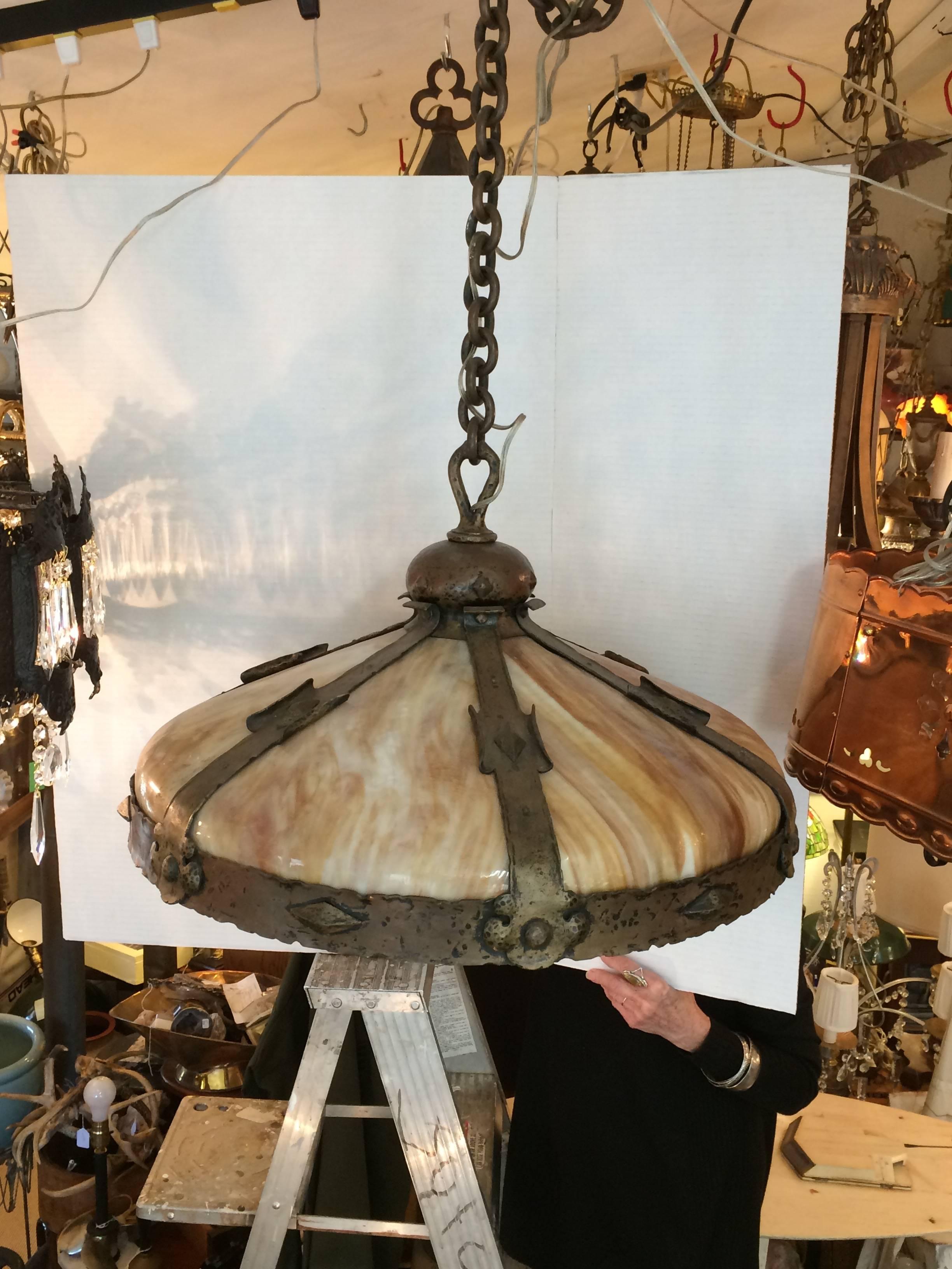 Early 20th Century Impressive Arts & Crafts Honeybee Art Glass and Bronze Light Fixture Chandelier