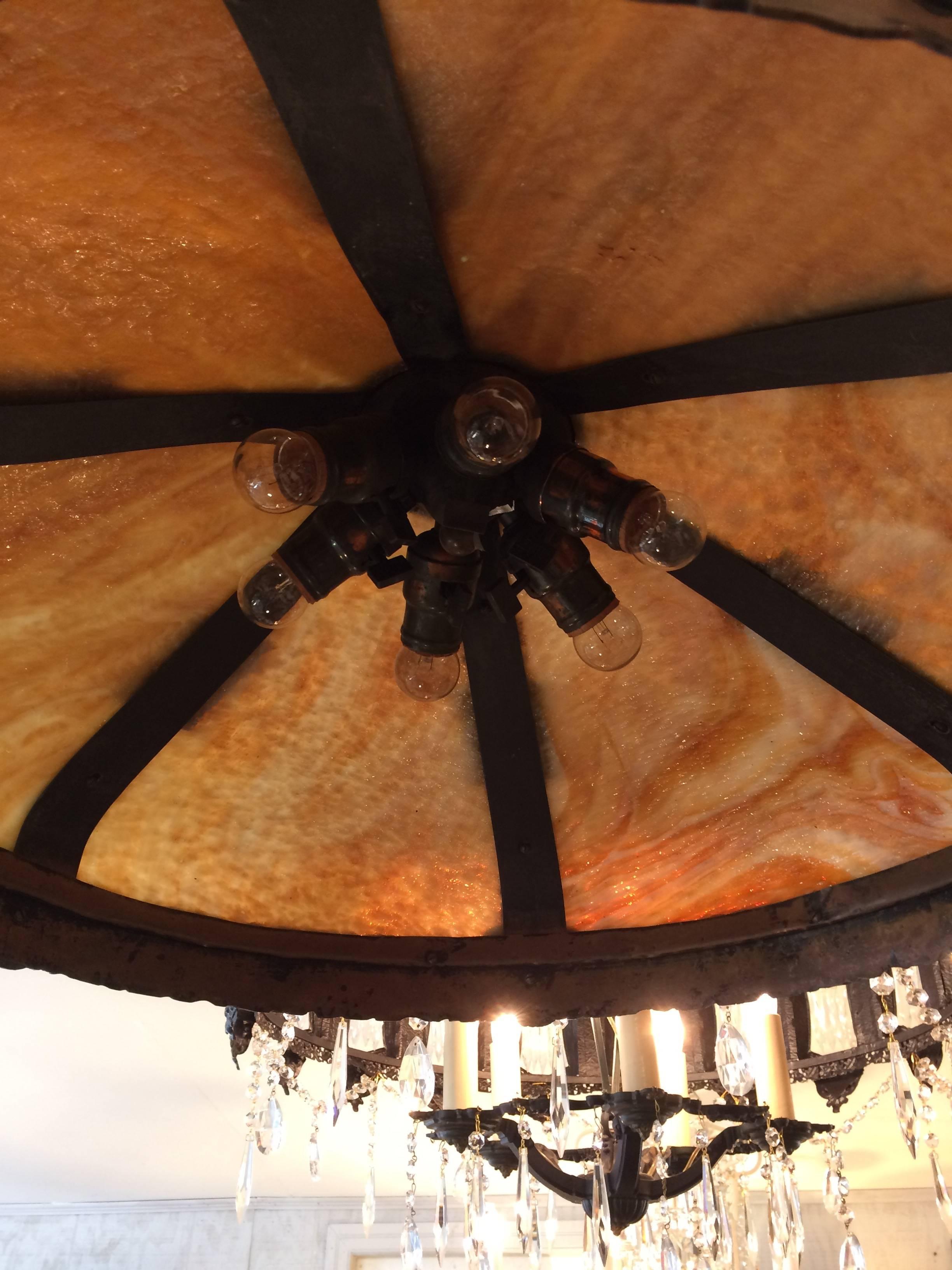 American Impressive Arts & Crafts Honeybee Art Glass and Bronze Light Fixture Chandelier