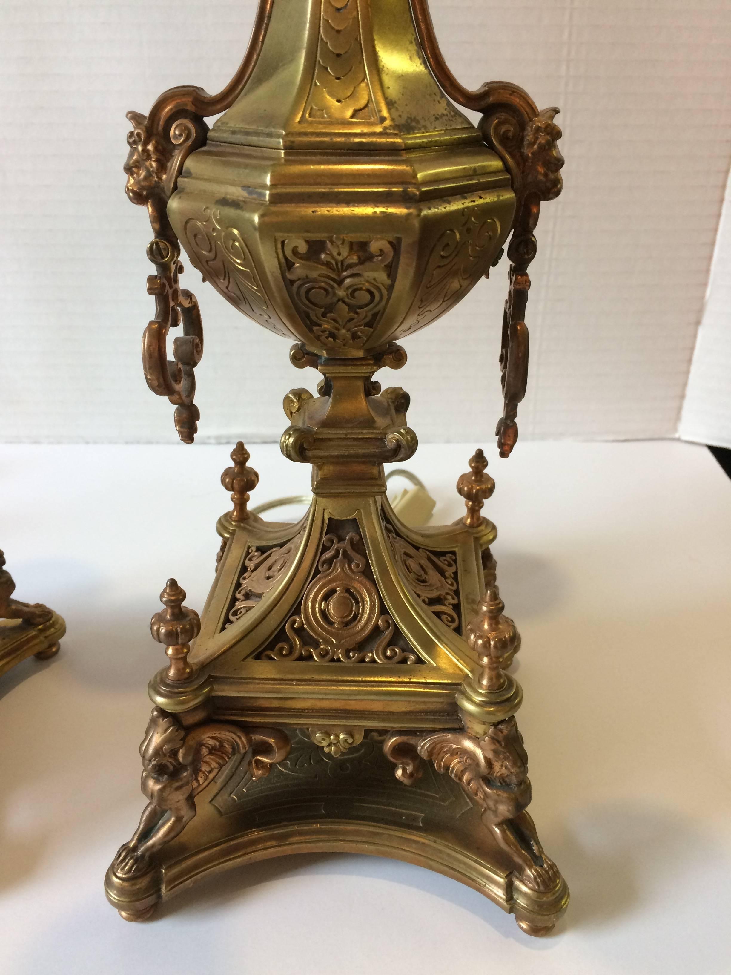 Supremely Elegant Pair of Bronze Renaissance Revival Candelabra Lamps In Excellent Condition For Sale In Hopewell, NJ