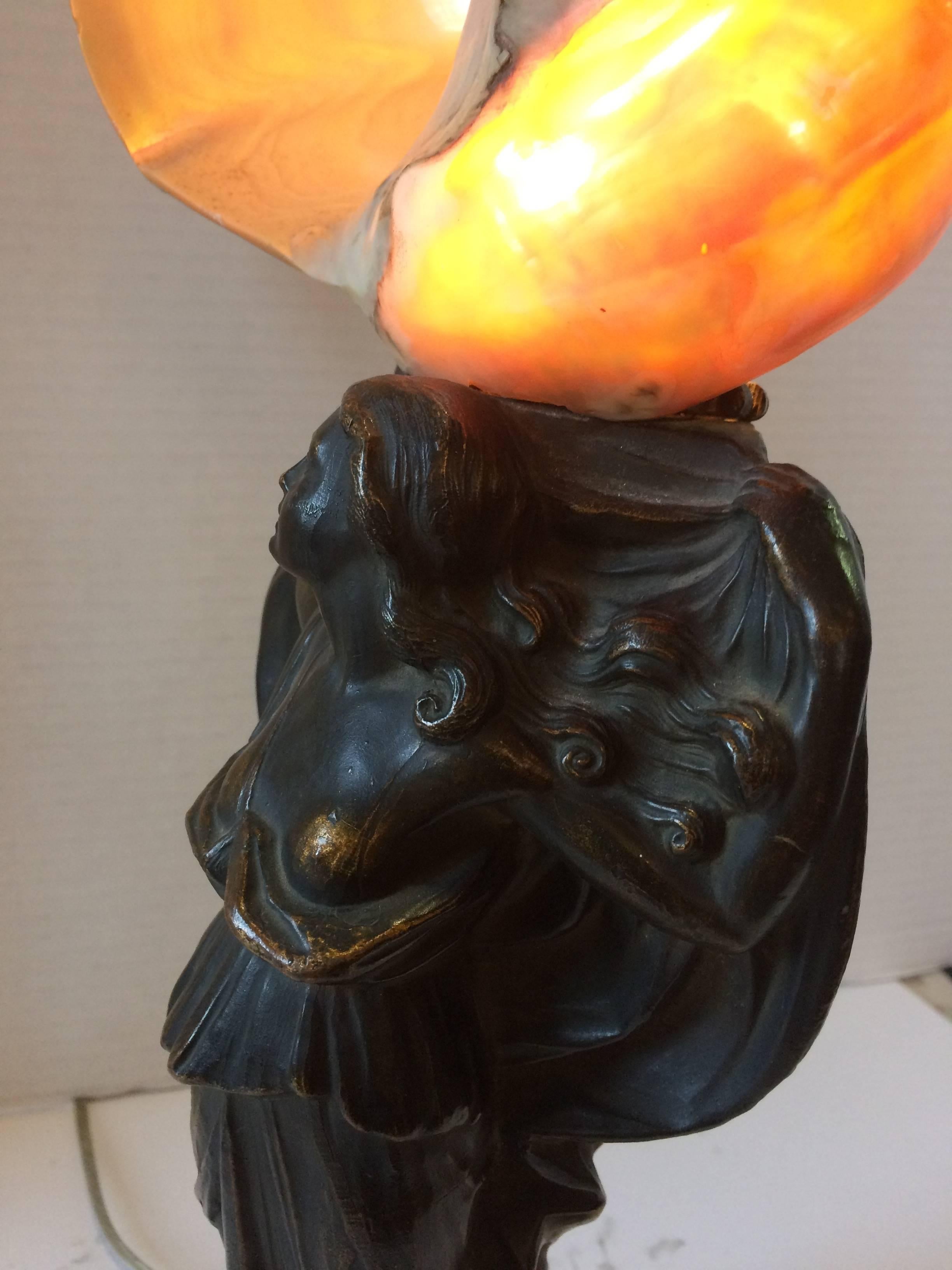 American Dazzling Art Deco Bronze and Conch Shell Table Lamp For Sale