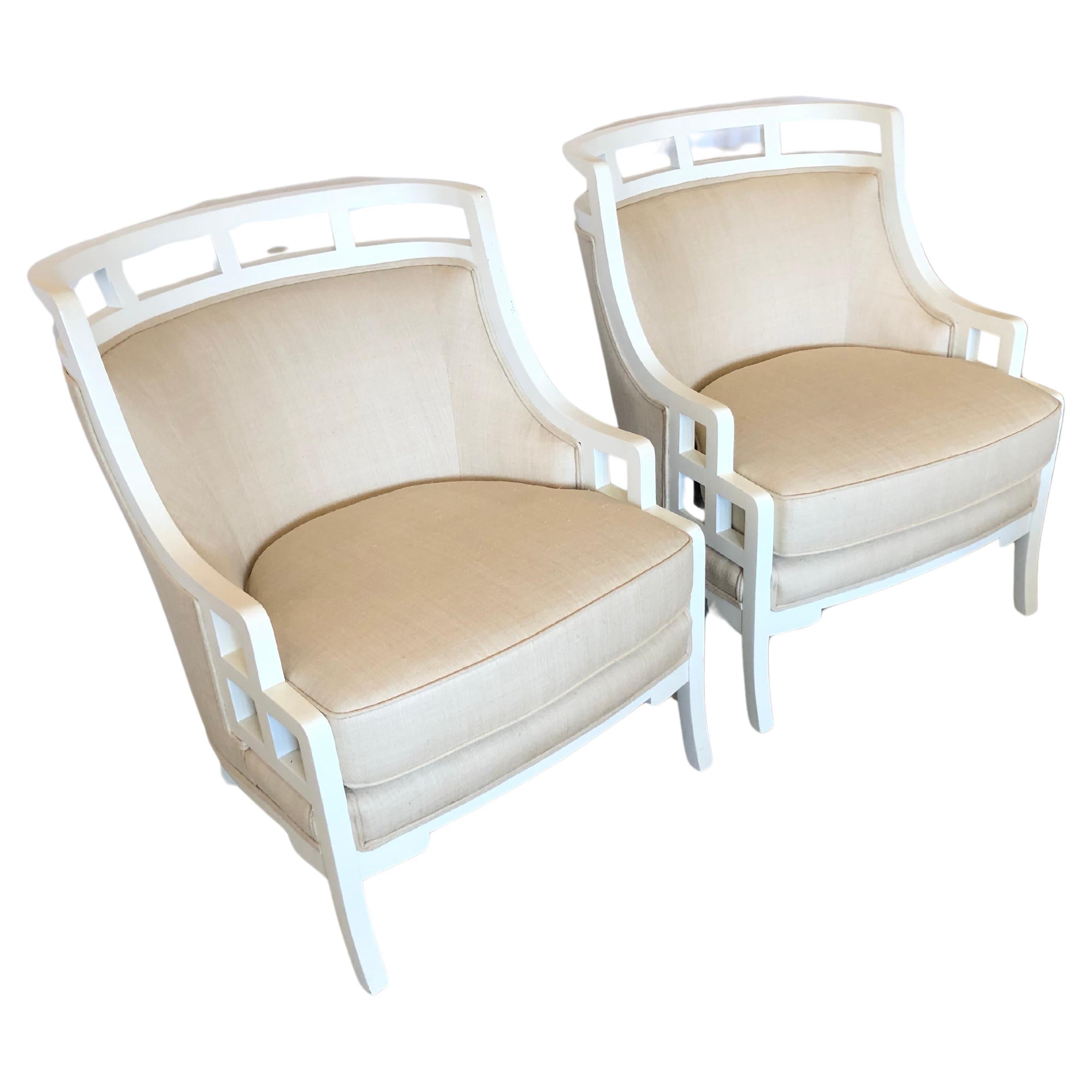 Chic Pair of White Painted Barrel Back Club Chairs Upholstered in Linen For Sale