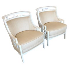 Retro Chic Pair of White Painted Barrel Back Club Chairs Upholstered in Linen