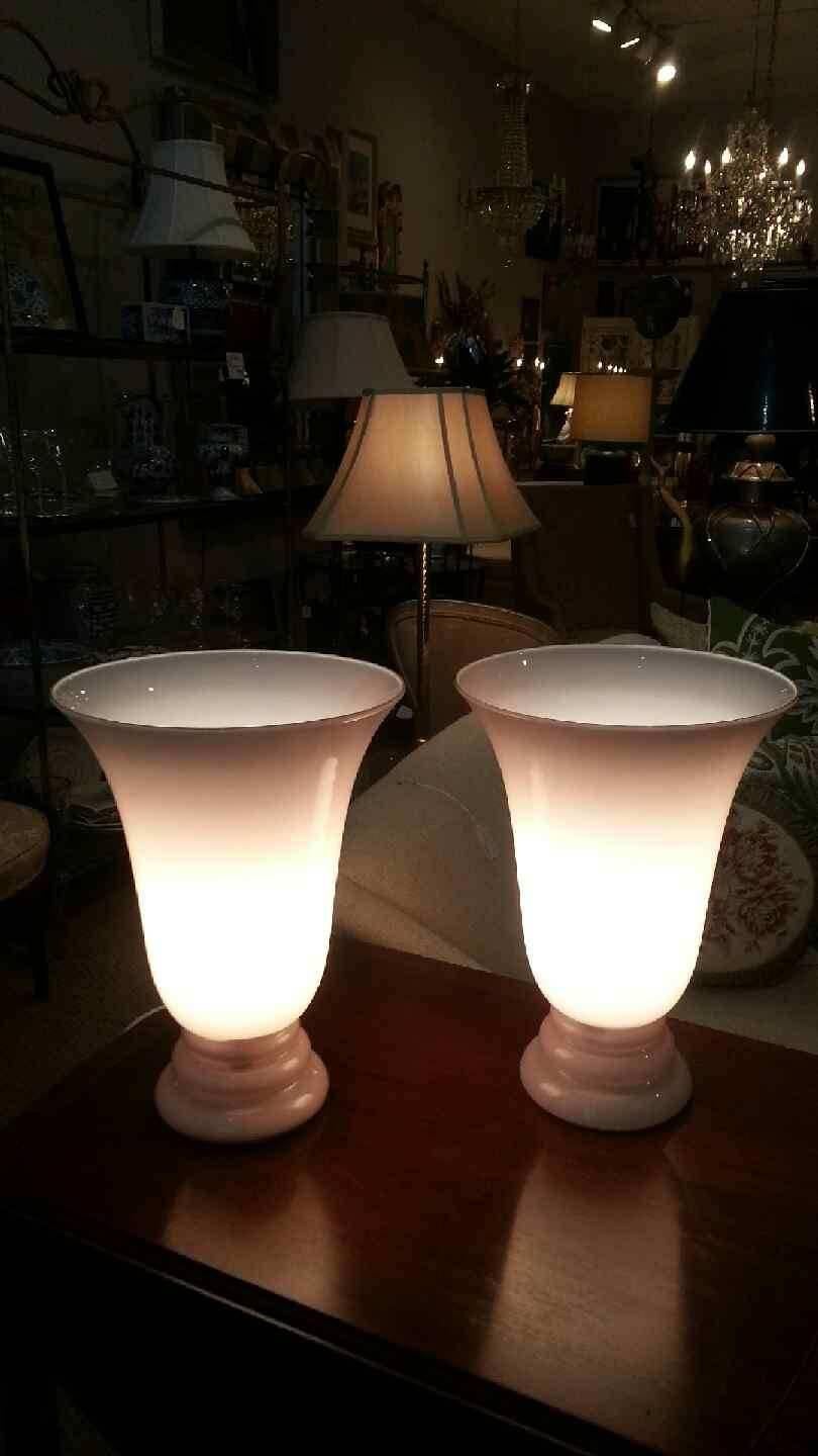 Beautiful pair of urn shaped lamps in pink CVV Vianne France glass, blown cased with white glass interiors. European wiring with adapters for US.
Base is 6