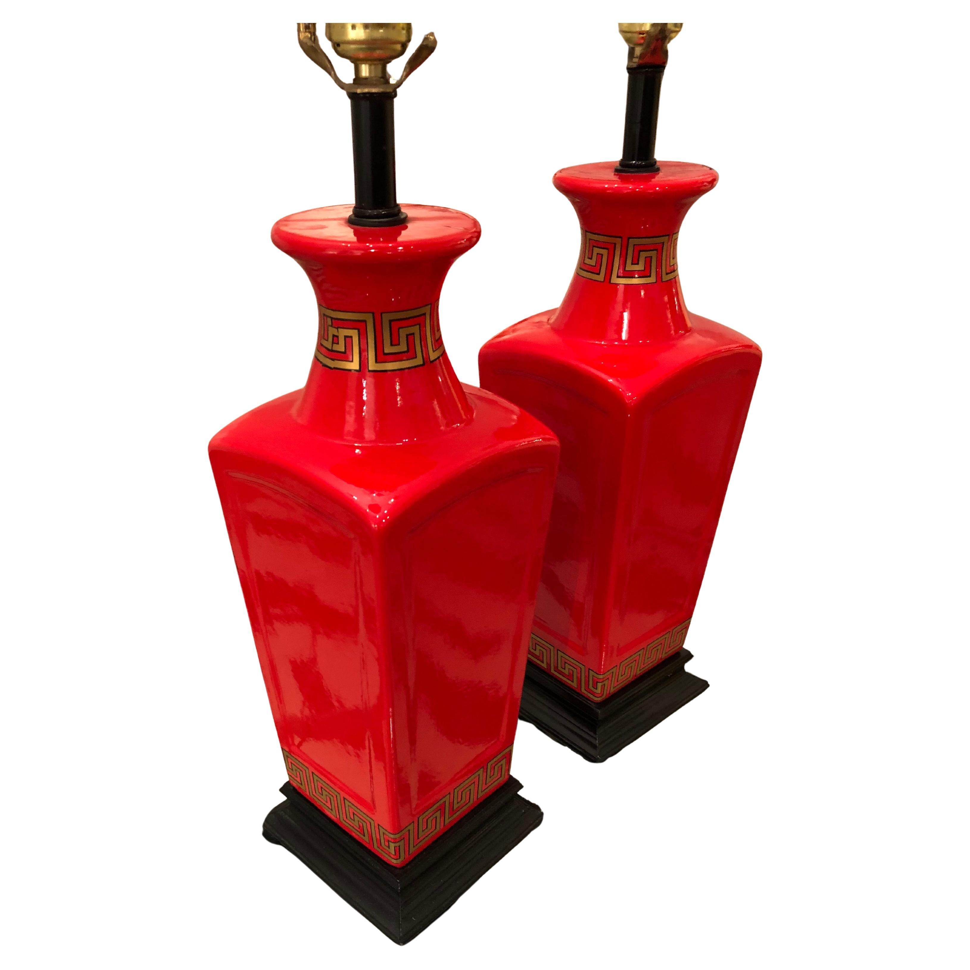 Hollywood Regency Pair Red Gold & Black Table Lamps with Greek Key For Sale