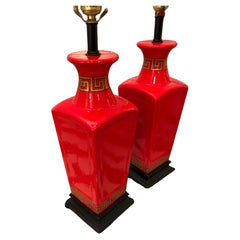 Hollywood Regency Pair Red Gold & Black Table Lamps with Greek Key