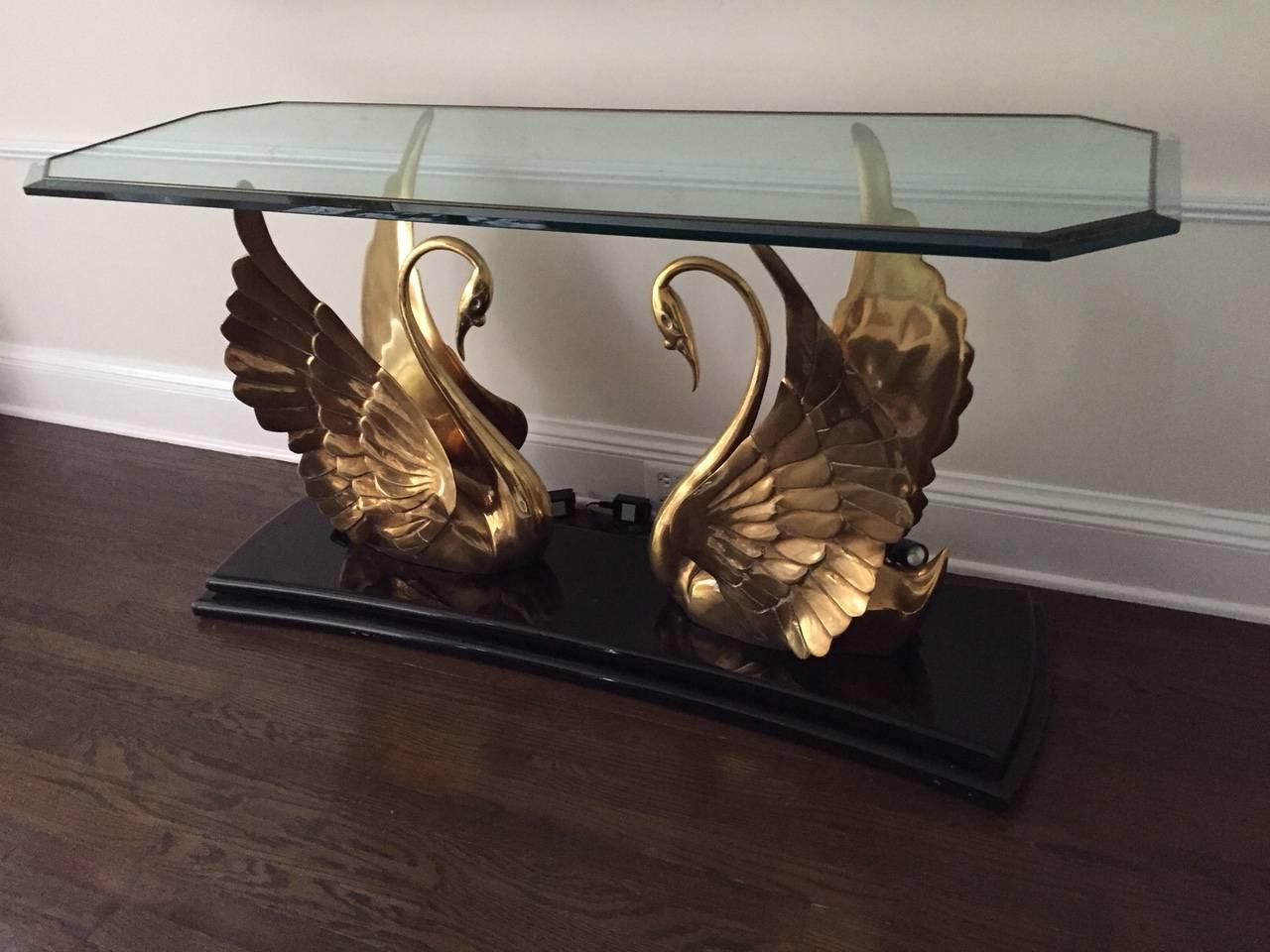 Dramatic Mid-Century Modern Brass Swan Motiffe Console In Excellent Condition In Hopewell, NJ
