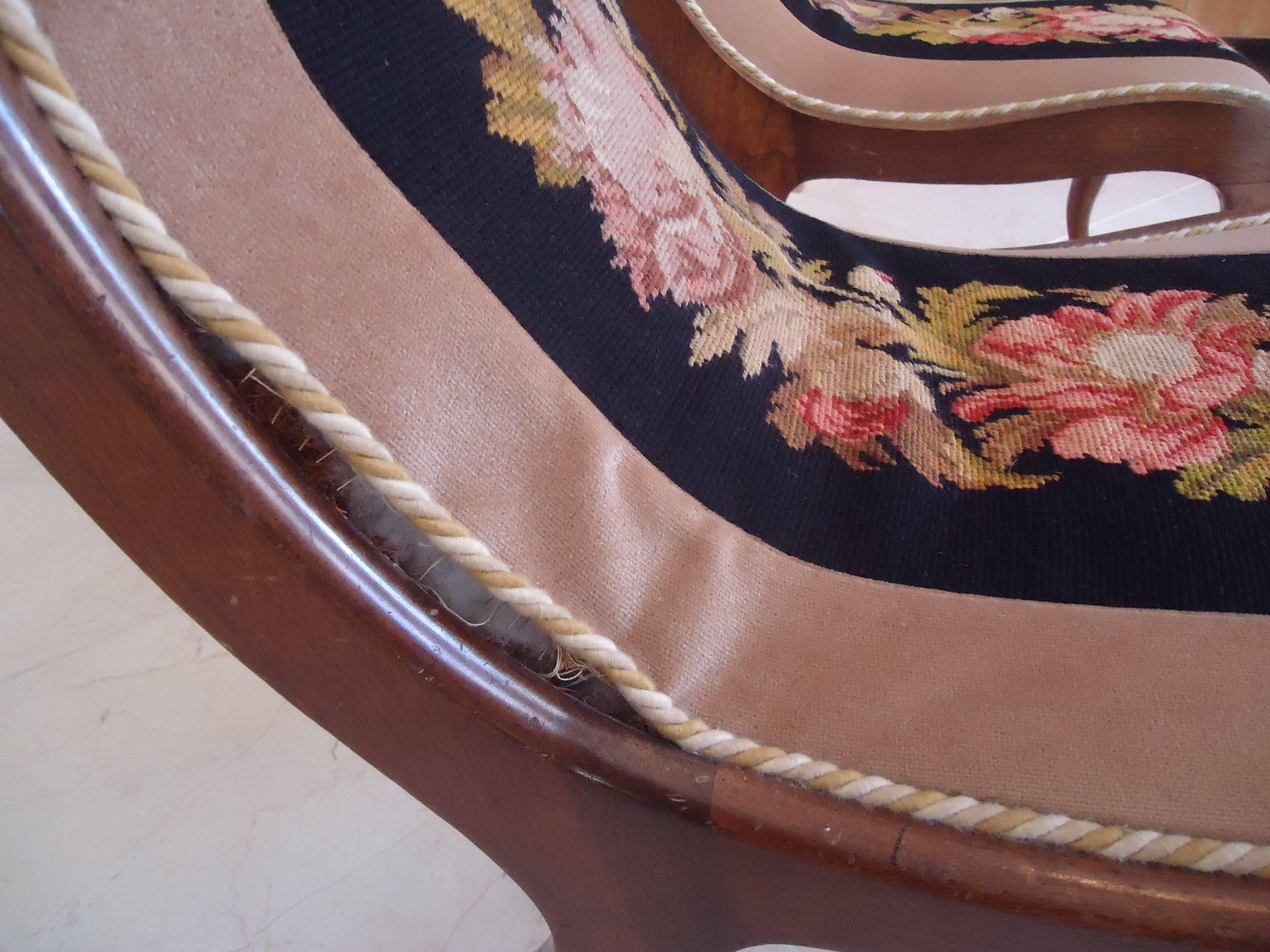 Pair of Antique Needlepoint and Velvet Fireside Chairs 2