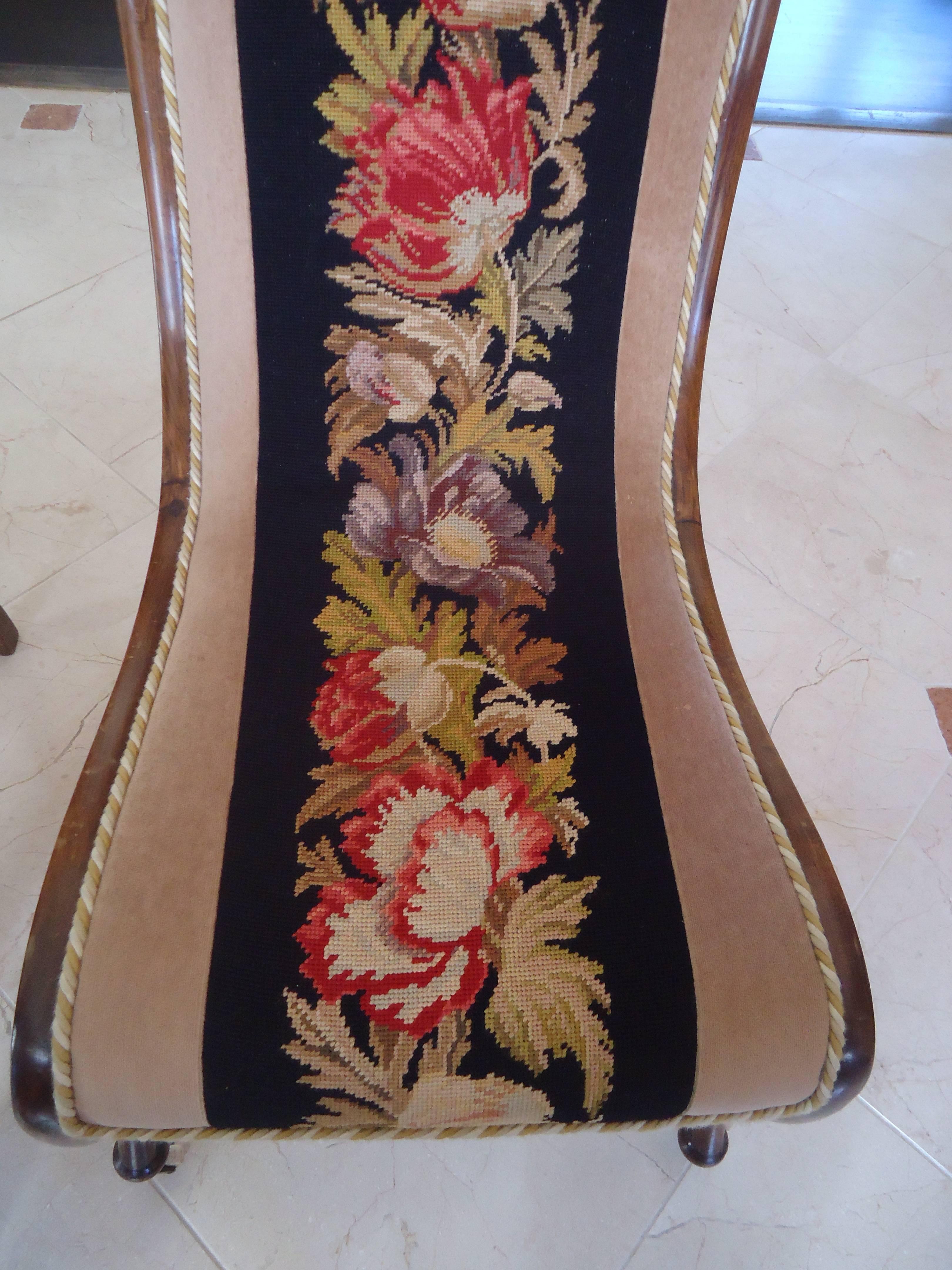 Regency Pair of Antique Needlepoint and Velvet Fireside Chairs