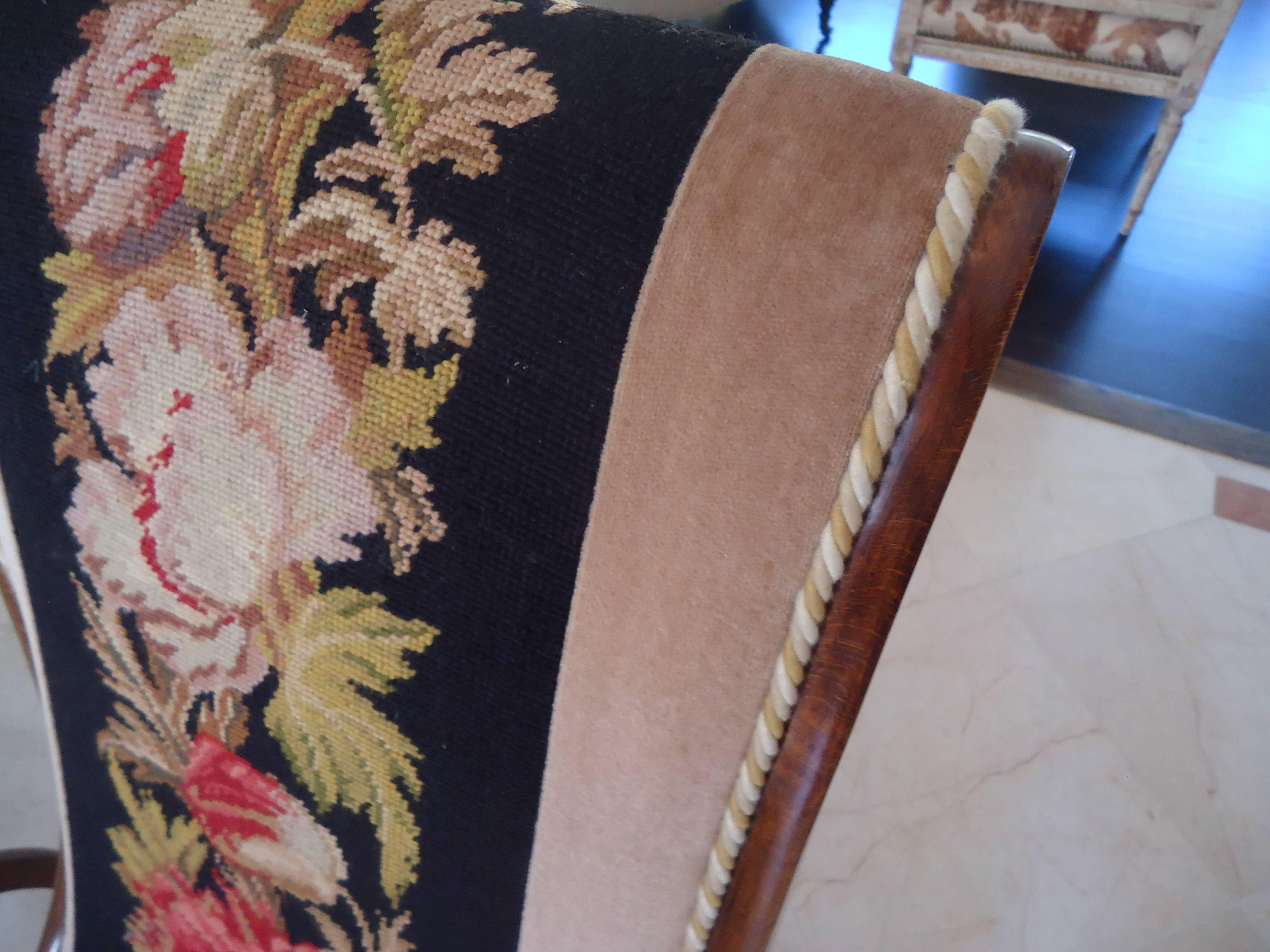 19th Century Pair of Antique Needlepoint and Velvet Fireside Chairs