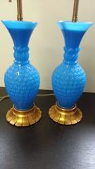 Pair of Opaline Blue French Pineapple Lamps