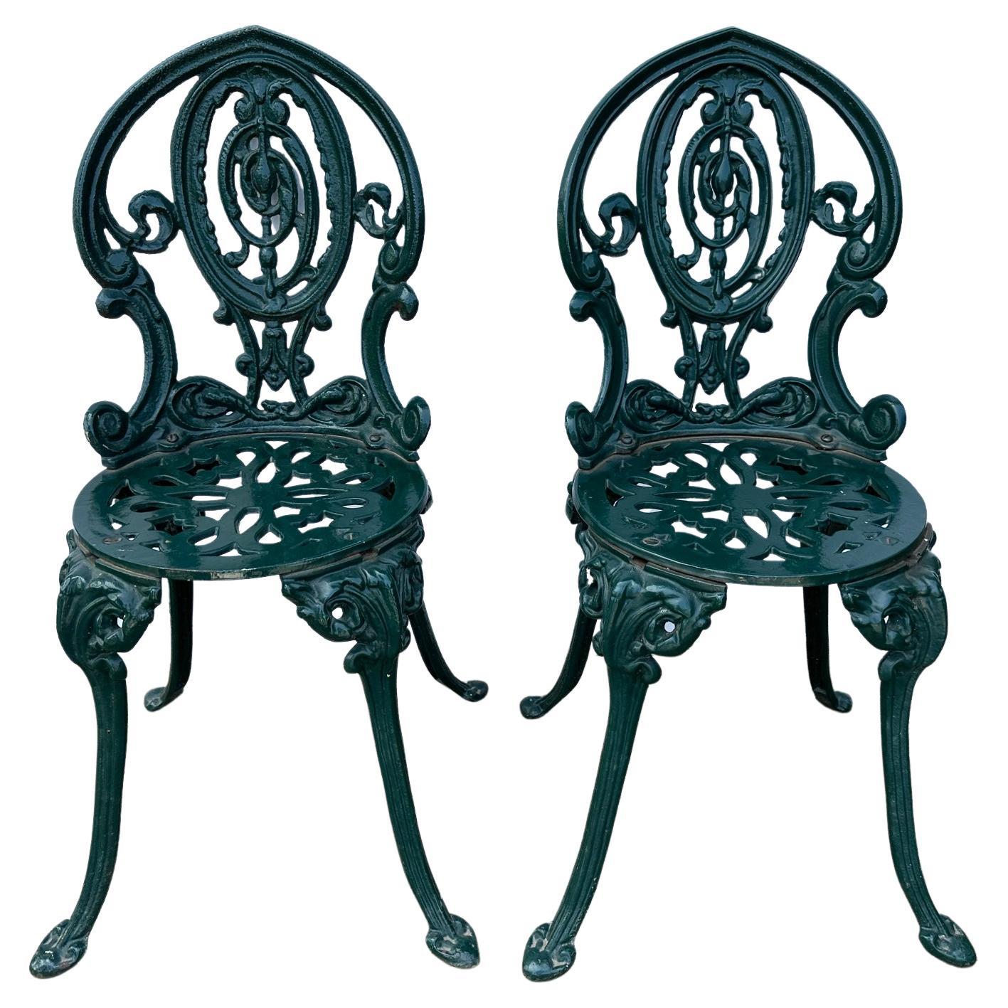 Antique Pair of Dark Green Painted Cast Iron Garden Chairs