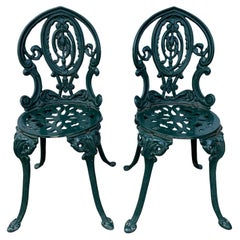 Antique Pair of Dark Green Painted Cast Iron Garden Chairs