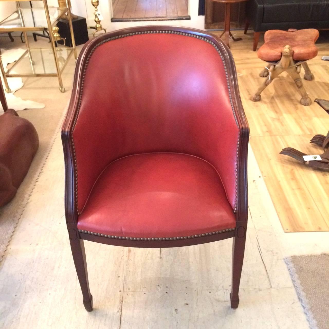 Great looking compact and comfortable mahogany English tub chairs, handsomely upholstered in deep orange brown 