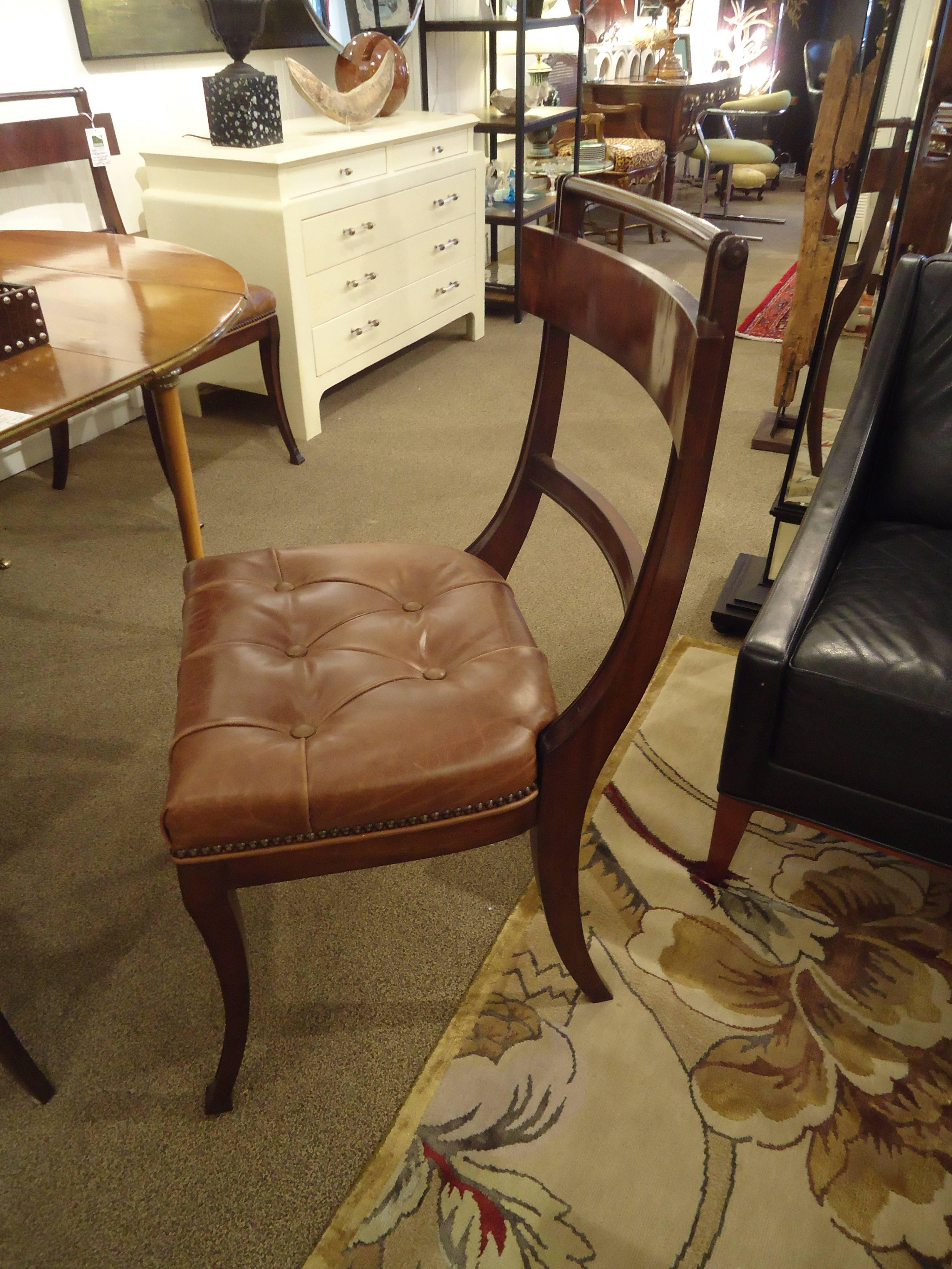 Late 20th Century Set of Four Klismos Style Mahogany and Leather Dining Chairs