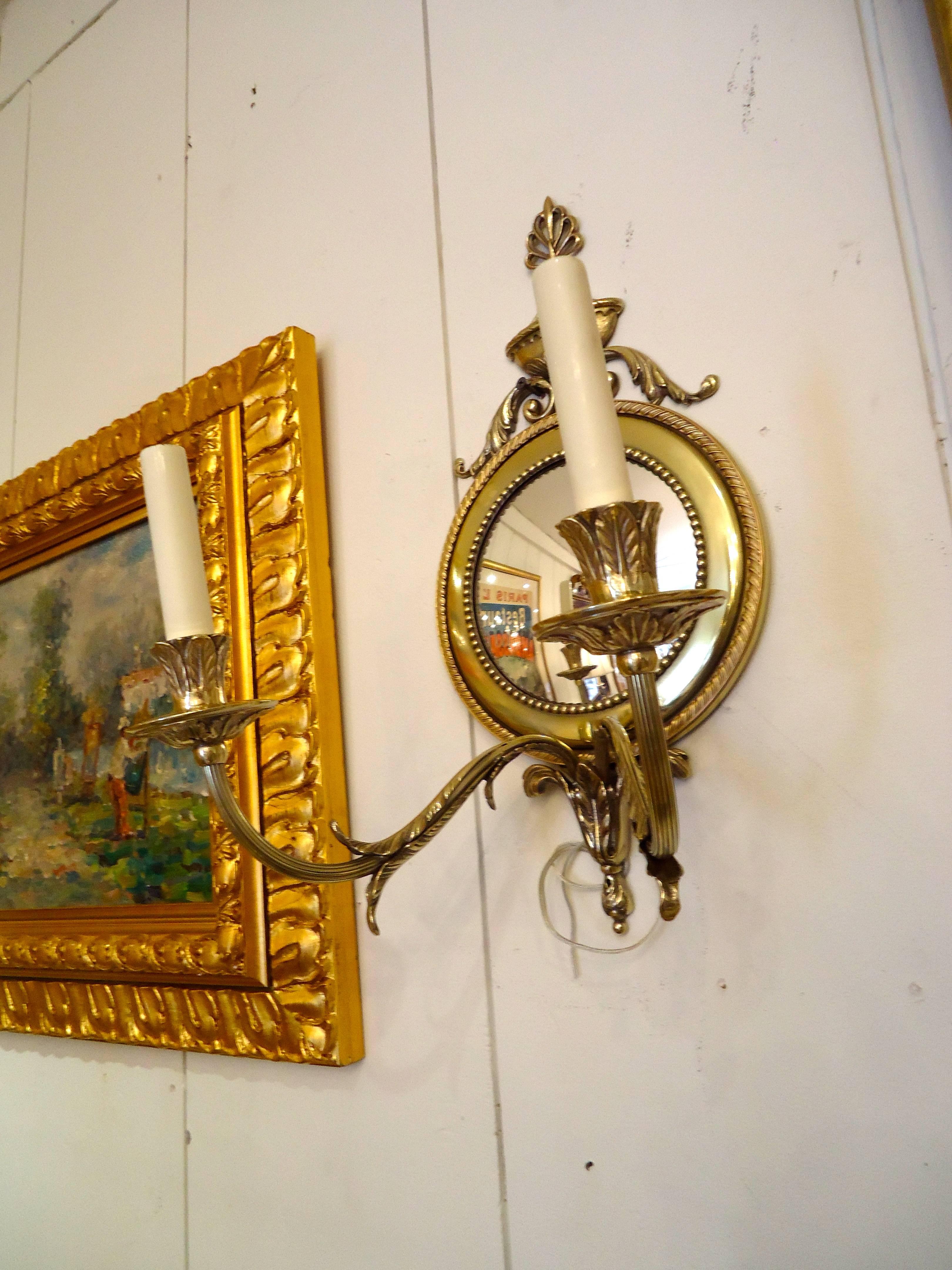 Early 20th Century Pair of English Bronze Two-Arm Sconces with Convex Mirrors