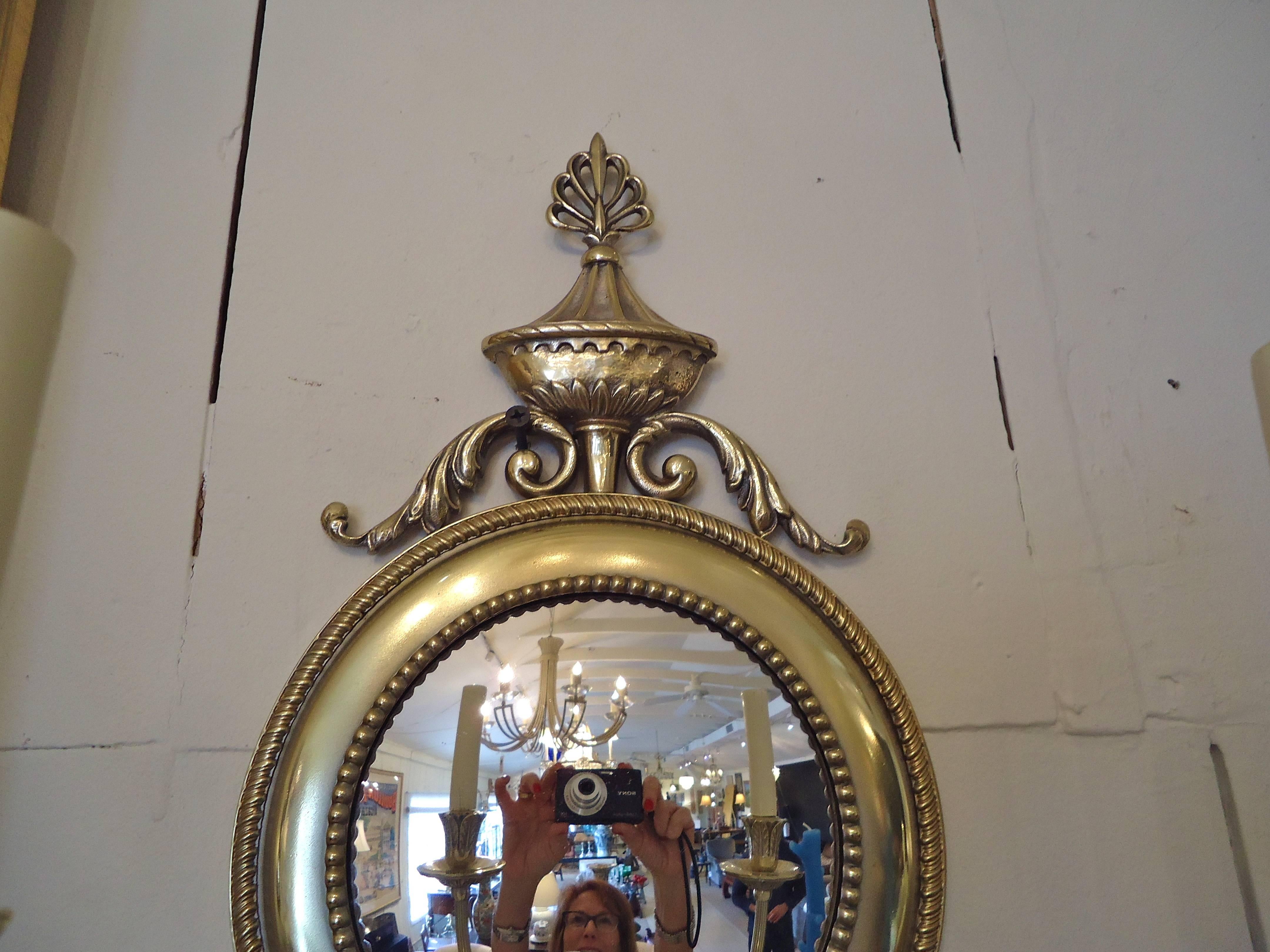 Regency Pair of English Bronze Two-Arm Sconces with Convex Mirrors