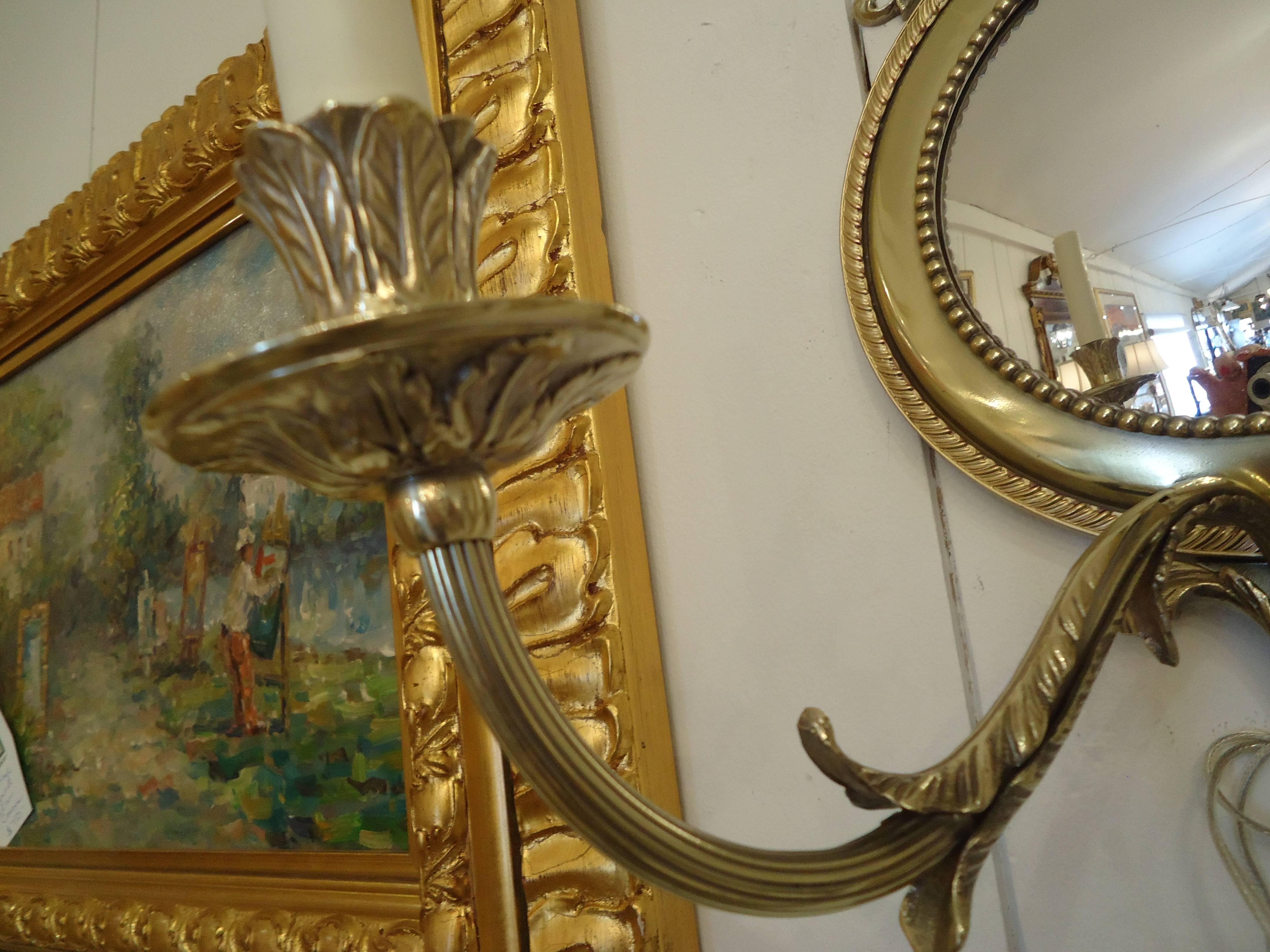 Pair of English Bronze Two-Arm Sconces with Convex Mirrors In Excellent Condition In Hopewell, NJ