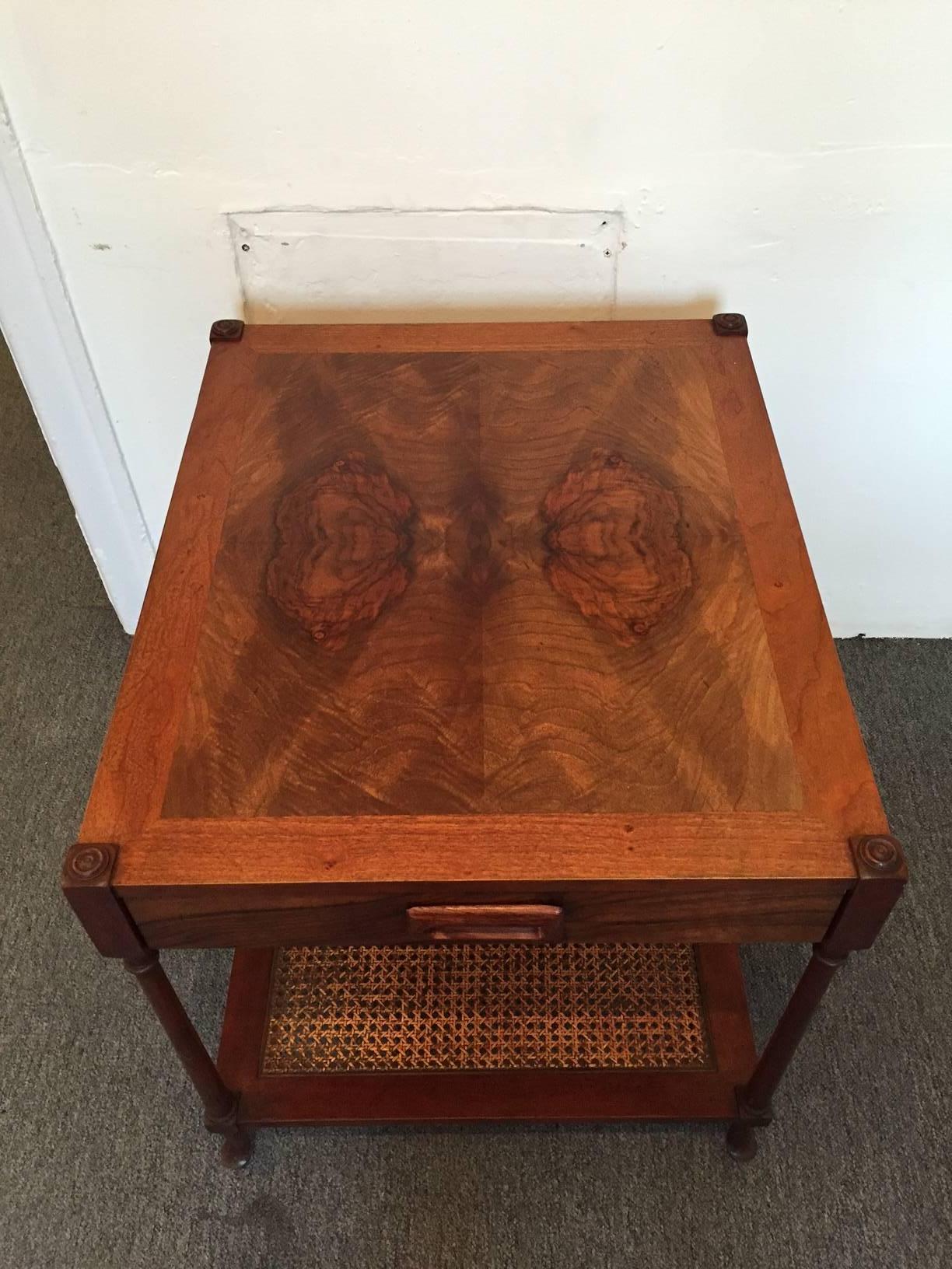 Mid-Century Modern Mid-Century Baker Burl Wood and Cane Side Table