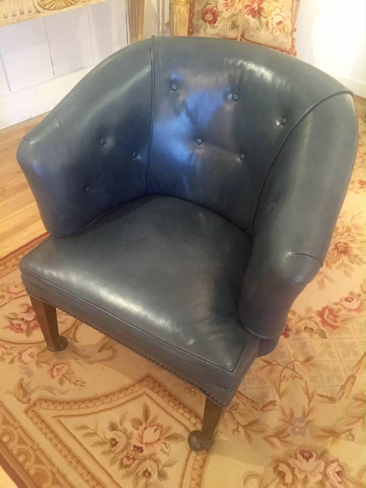 Great Old Blue Leather Tub Chair In Excellent Condition In Hopewell, NJ