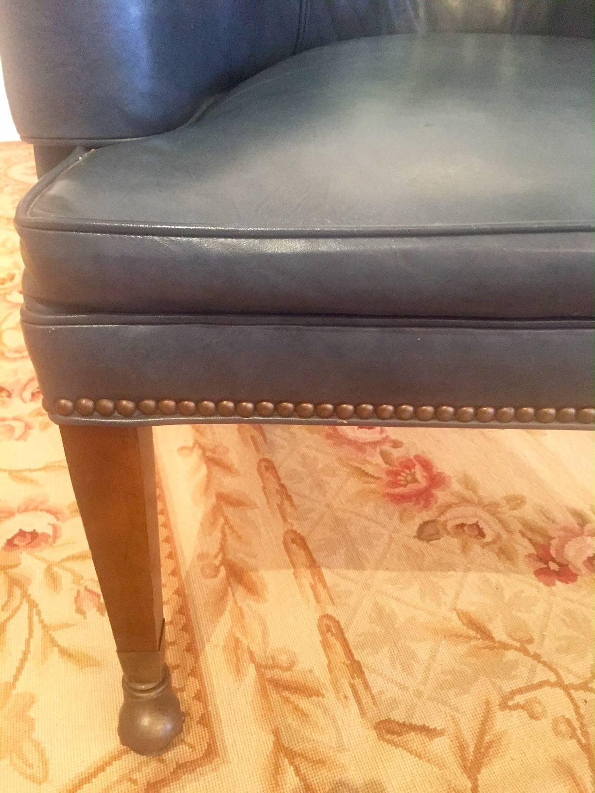 English Great Old Blue Leather Tub Chair