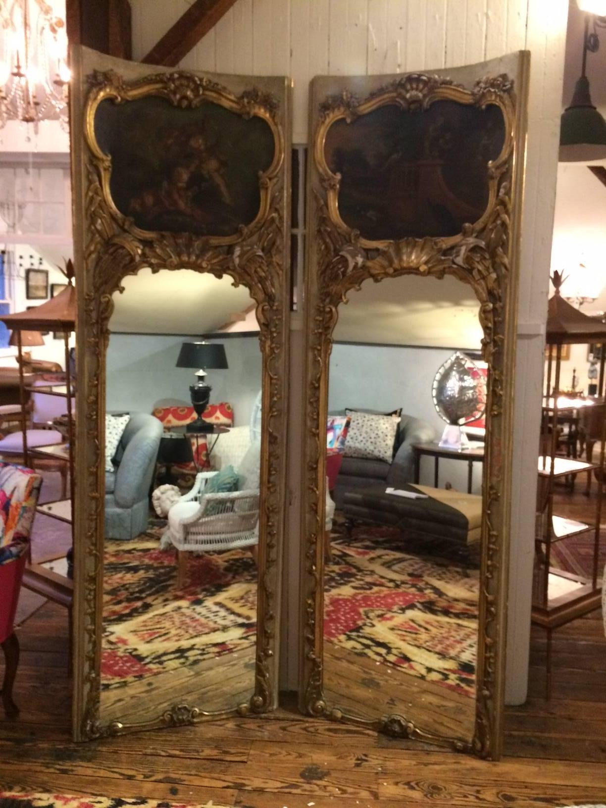 Giltwood Splendid Pair of Very Tall Antique Mirrored Panels