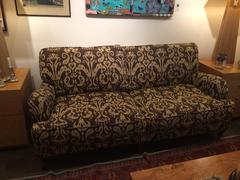 Handsome Brown and Cream Ikat Upholstered Couch