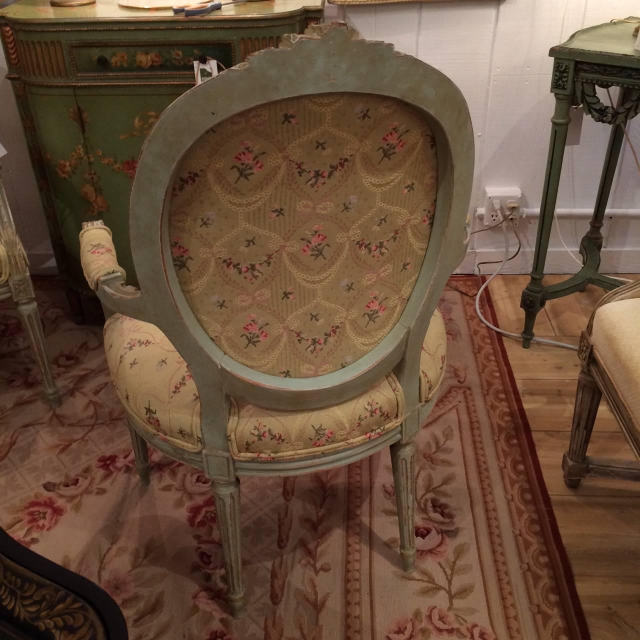 Pair of Celadon Green Painted Louis XVI Style Armchairs Fauteuils In Excellent Condition In Hopewell, NJ