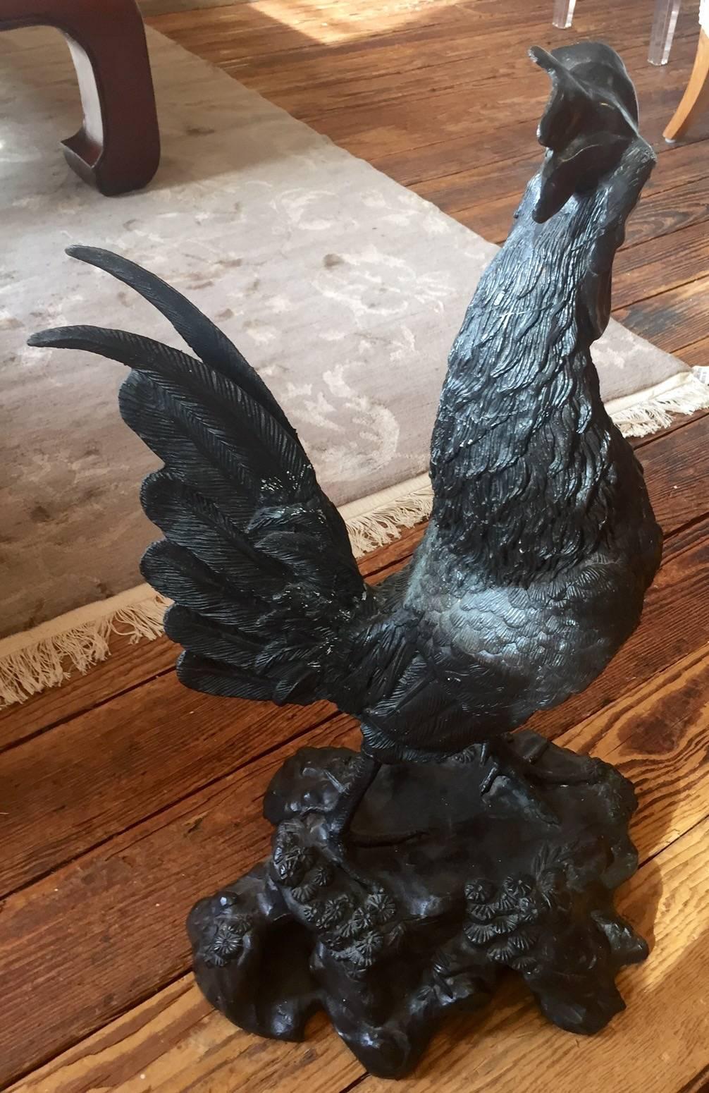 French Handsome Black Metal Rooster Sculpture