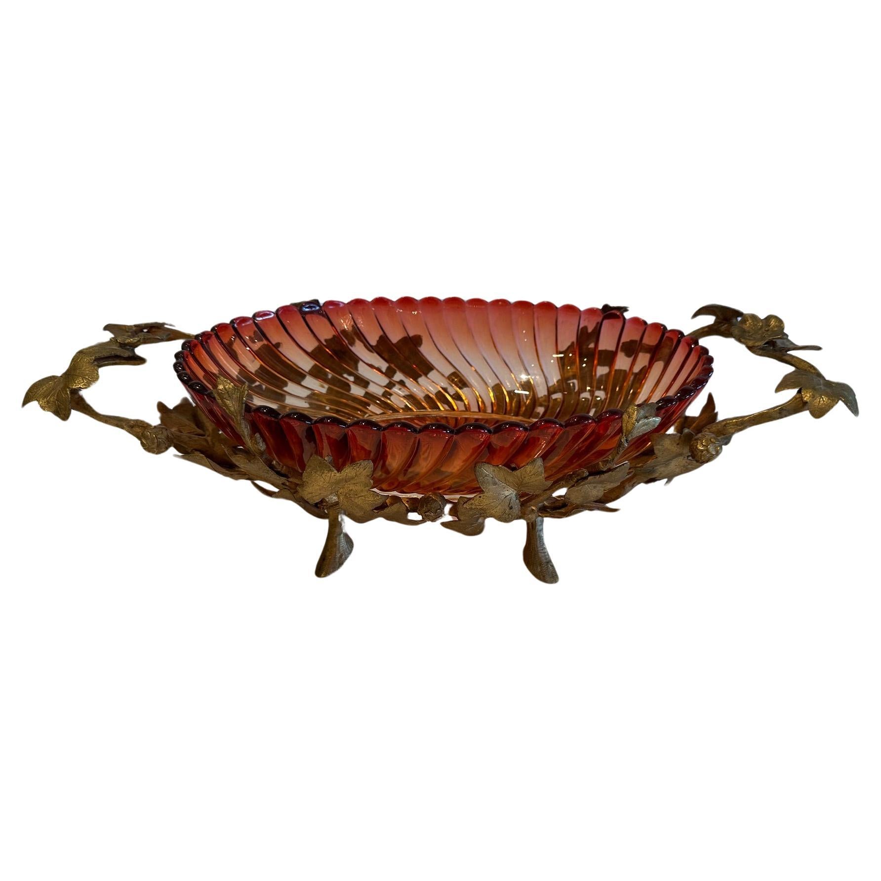 European Antique Ruby Glass & Iron Compote Bowl For Sale