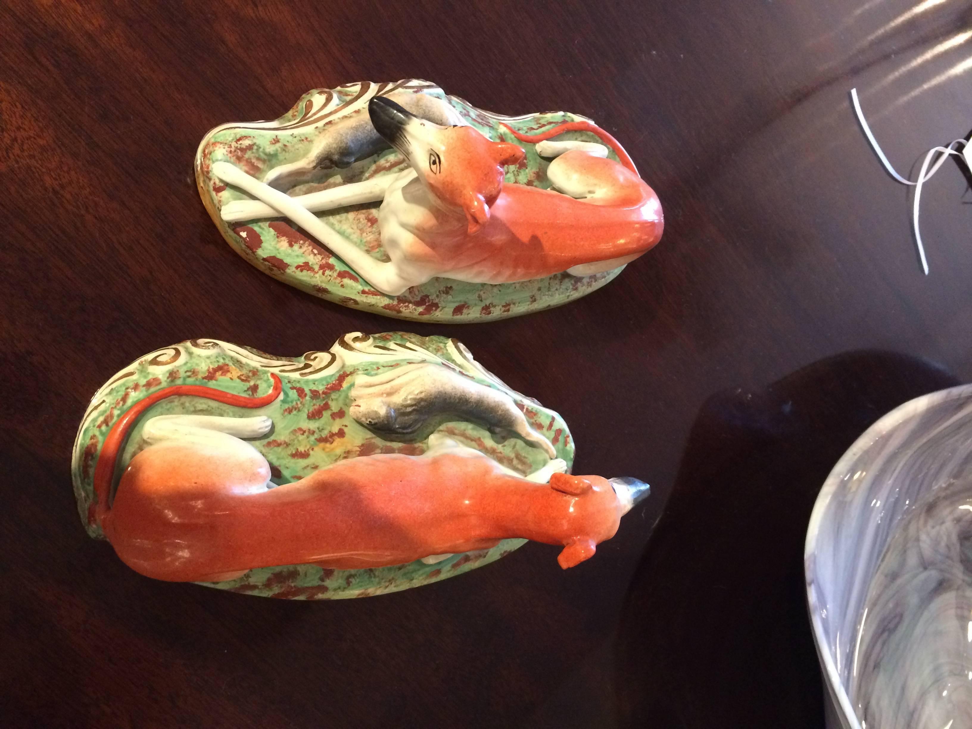 Pair of Staffordshire Reclining Greyhound Dogs In Excellent Condition In Hopewell, NJ