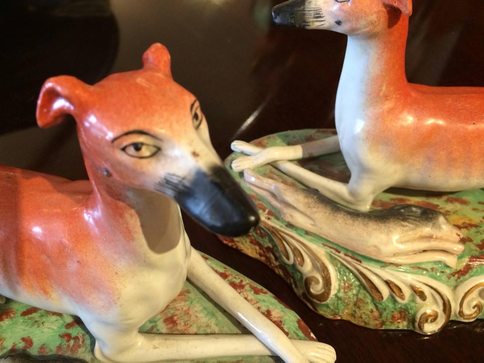 Victorian Pair of Staffordshire Reclining Greyhound Dogs