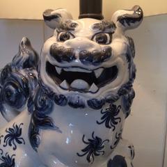 Pair of Blue and White Foo Dog Lamps